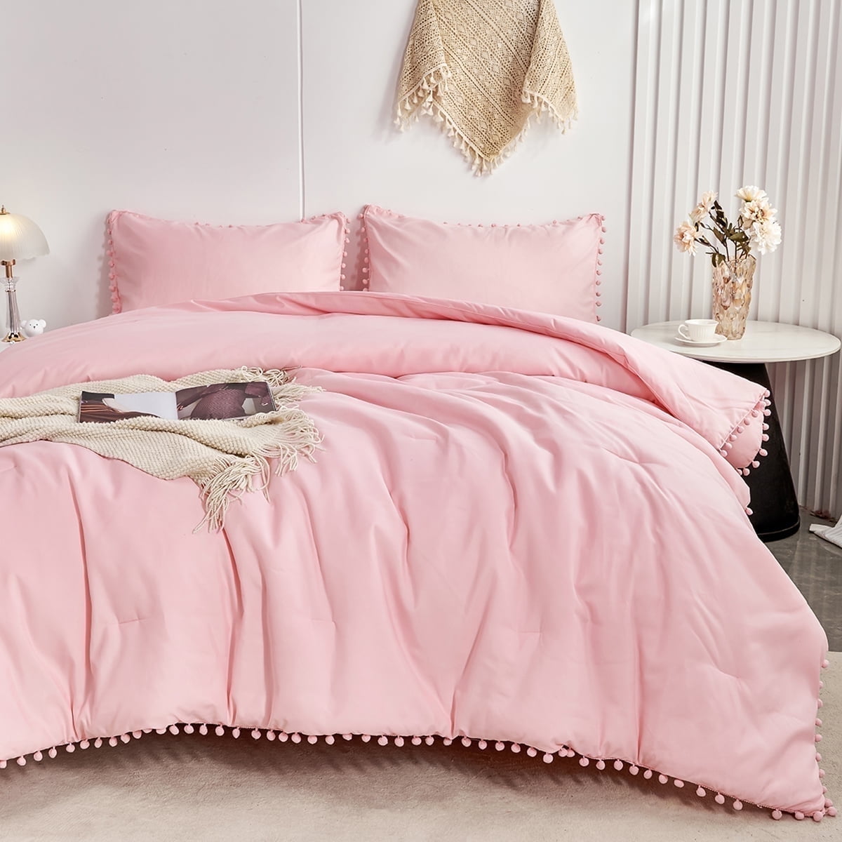 All-Season Pink Full Size Comforter Set Pom Fringe 3 Pcs Boho Chic Cute Ball Pom Blush Bedding Set Cali Soft Lightweight Solid B... - Luxurious Quilted Duvet Cover Set - Default Title