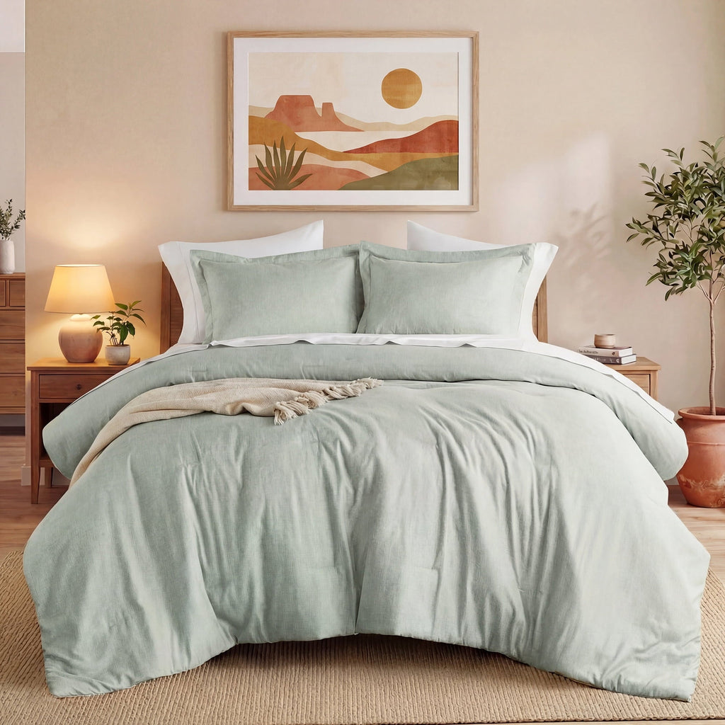 All-Season Full/Queen Comforter Sets, Reversible 3 Piece Extra Soft Bedding Set, Chambray Print Sage Green Comforter Bed Set wit... - Luxurious Quilted Duvet Cover Set - Default Title