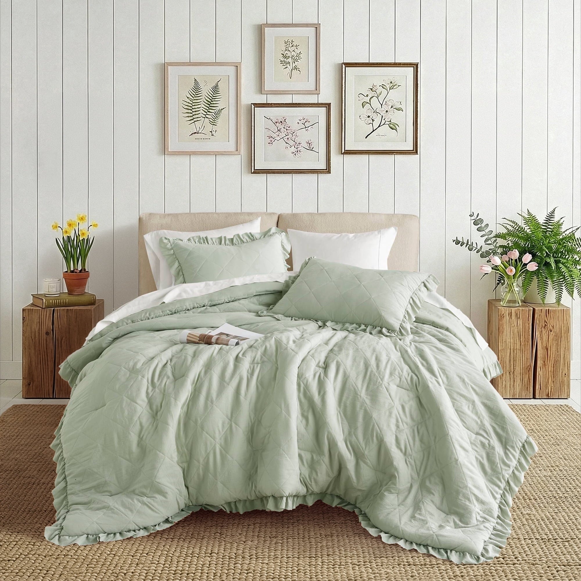 All-Season Full/Queen Comforter Set Sage, 3 Pieces Quilted Ruffle Comforters Full/Queen Size, Solid Bedding Comforters Sets, Gif... - Hypoallergenic Ultra-Fluffy Quilt for Winter - Default Title