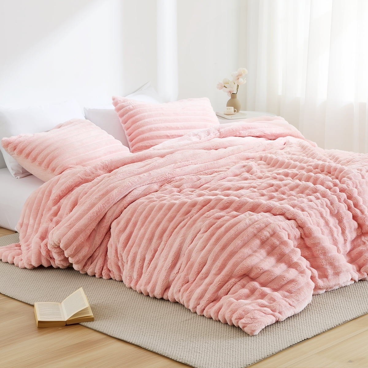 Hypoallergenic Cloud Full/Queen Size Comforter Set, Fluffy Ribbed Plush Comforter Set, 3-Piece Bedding Set, Pink - Hypoallergenic Ultra-Fluffy Quilt for Winter - Default Title