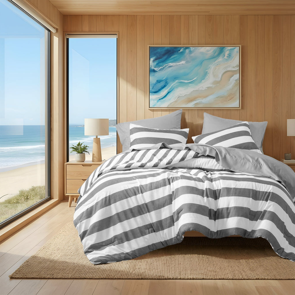 Fluffy Down Alternative Full/Queen Size Comforter Sets, 3-Piece Bedding Set Full/Queen, Reversible Striped Comforter Bed Set, Charcoal - Luxurious Quilted Duvet Cover Set - Default Title