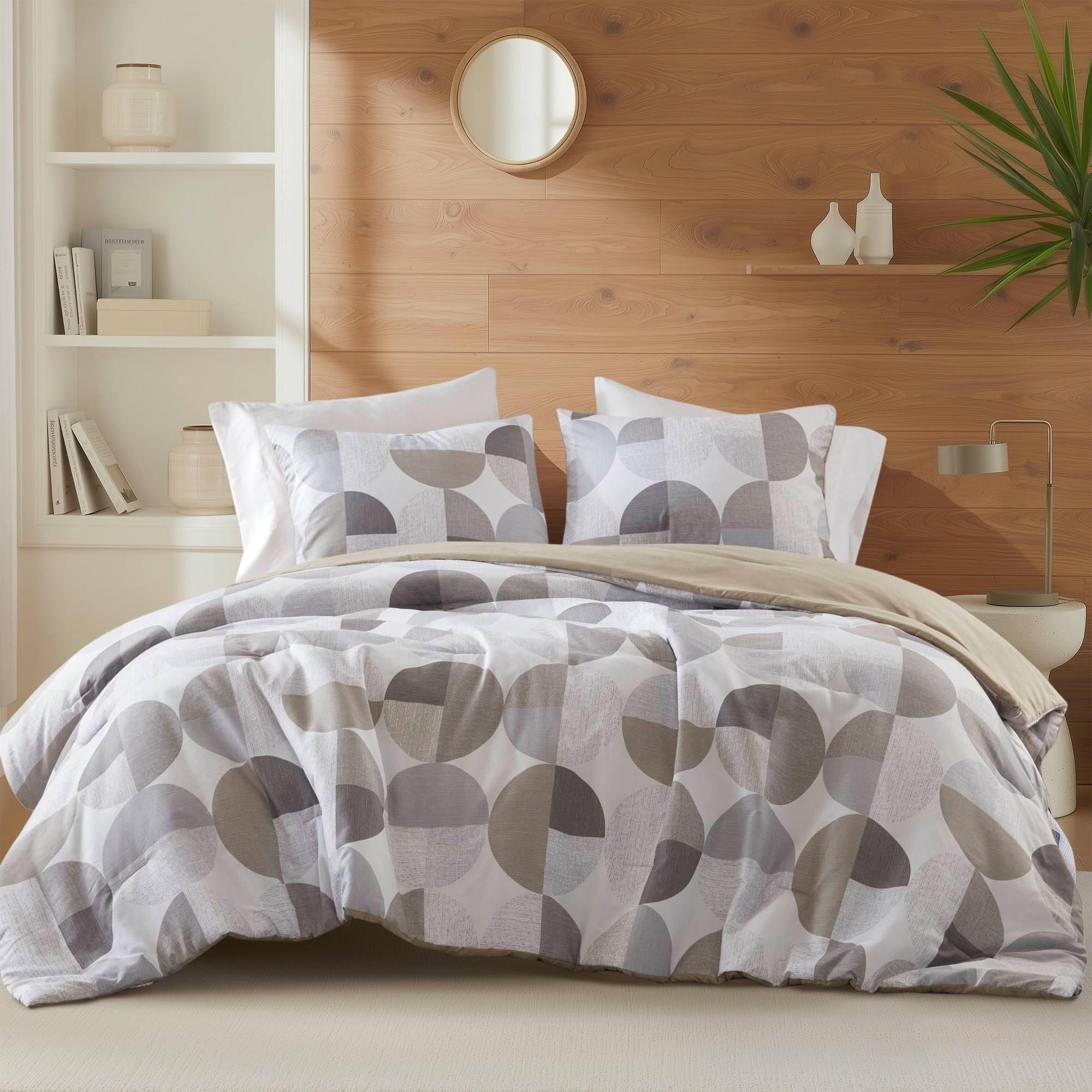 Fluffy Down Alternative Full/Queen Size Comforter Set, Tan/Gray Bedding Set for All Seasons, 3-Piece Round Geometric Print Bedding Comforter Set - Hypoallergenic Ultra-Fluffy Quilt for Winter - Default Title