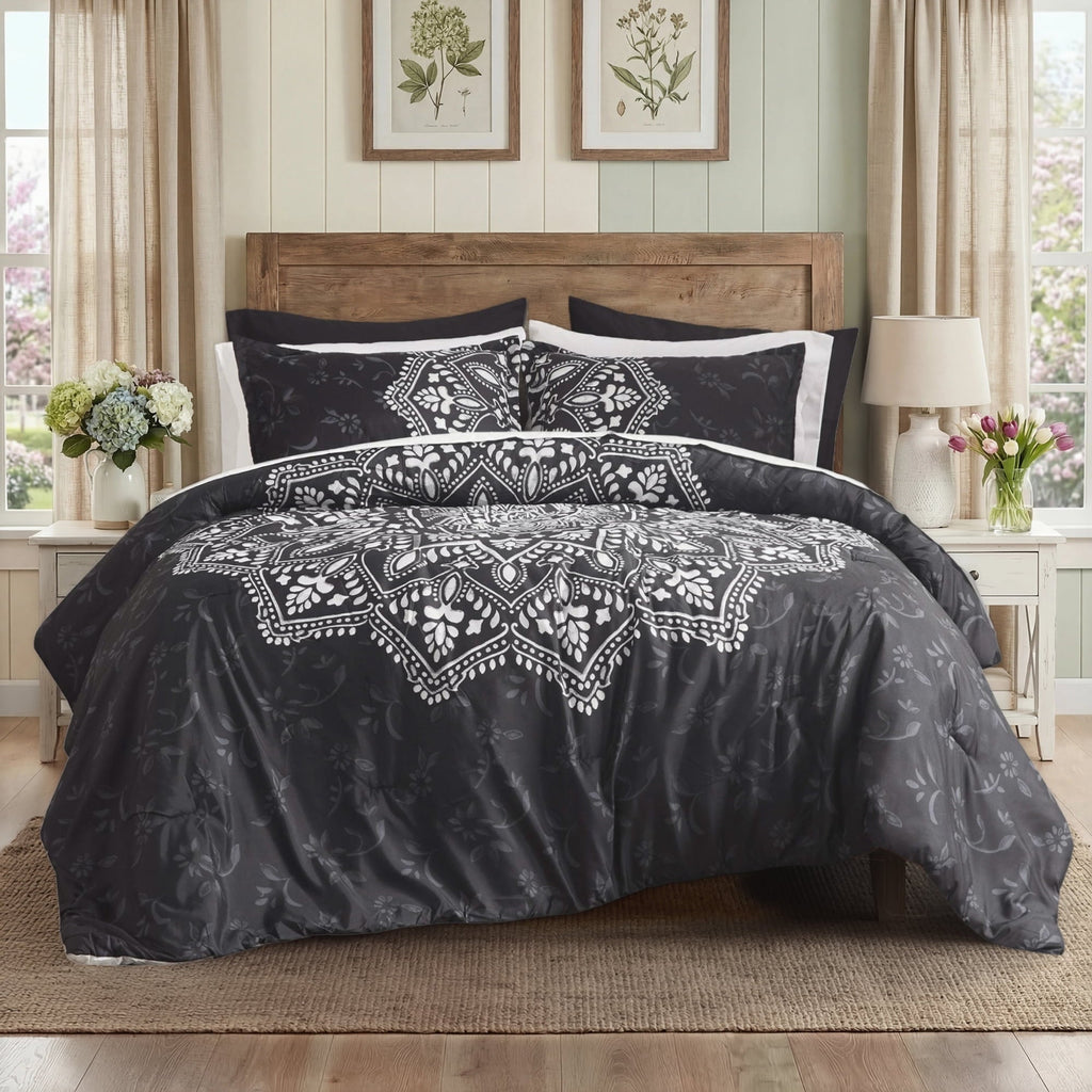 Luxurious Quilted Queen Comforter Set, Bedding Comforter Set Queen Size W/ Side Pockets, Black, 9 Pieces - Luxurious Quilted Duvet Cover Set - Default Title