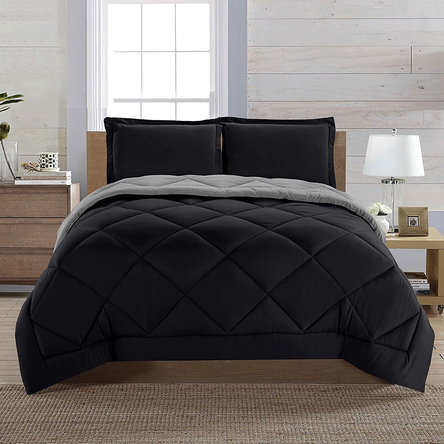 Heavyweight Warmth Reversible 3-Piece Comforter Set, Diamond Stitched, King, Black/Grey - Cloud-Like Soft Lightweight Bed Comforter - Default Title