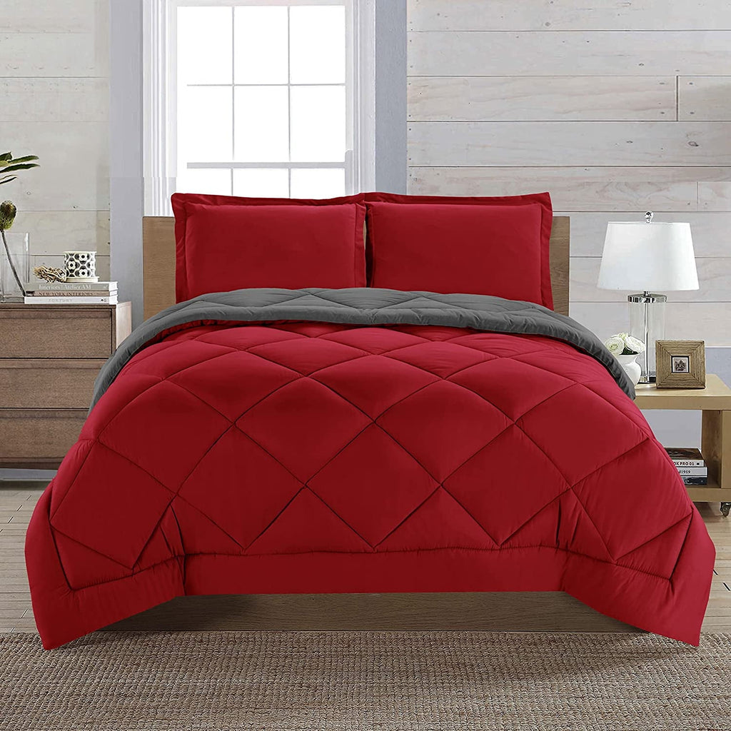Fluffy Down Alternative Reversible 3pc Comforter Set- Available In A Few Sizes And Colors , Full/Queen, Red/Gray - Luxurious Quilted Duvet Cover Set - Default Title