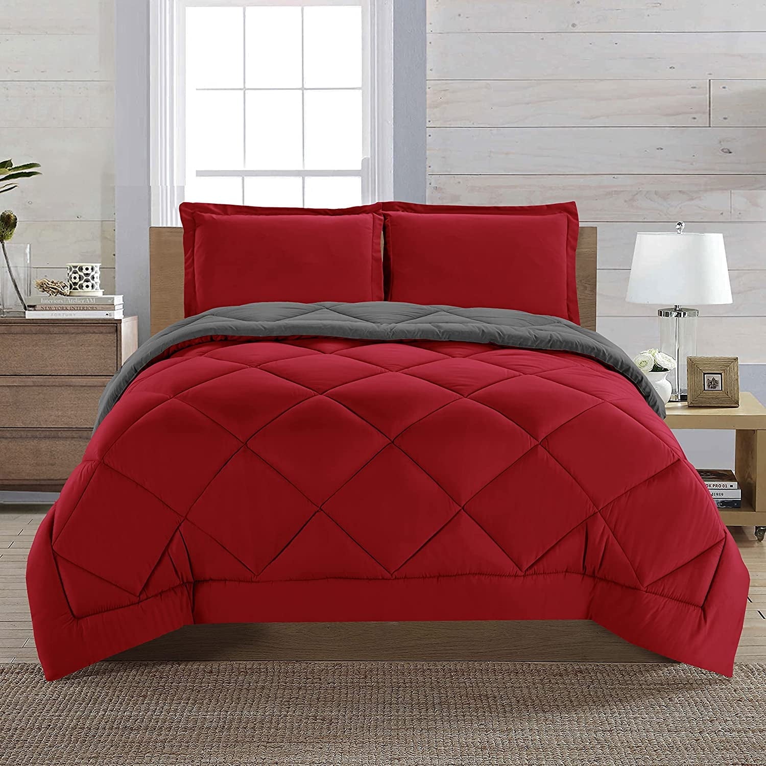 Fluffy Down Alternative Reversible 3pc Comforter Set- Available In A Few Sizes And Colors , Full/Queen, Red/Gray - Luxurious Quilted Duvet Cover Set - Default Title