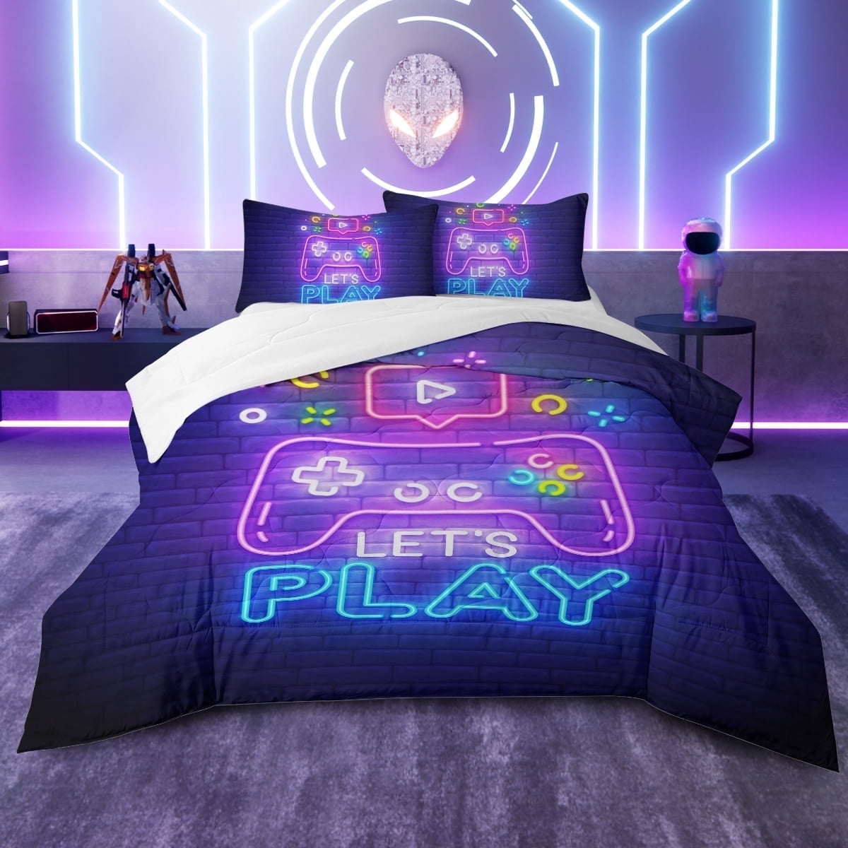 Fluffy Down Alternative Gaming Comforter Set for Boys, 3-Piece Abstract Neon Kids Bedding Sets Twin Size - Hypoallergenic Ultra-Fluffy Quilt for Winter - Default Title