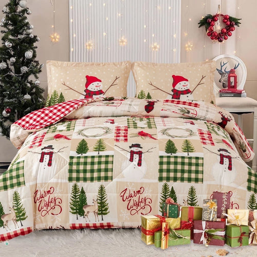 All-Season 3 Pcs Christmas Comforter Set, Bed in a Bag Wreath Snowman Queen/Full Size Xmas Bedding Set Fitted Pillowcases for Adult - Luxurious Quilted Duvet Cover Set - Default Title