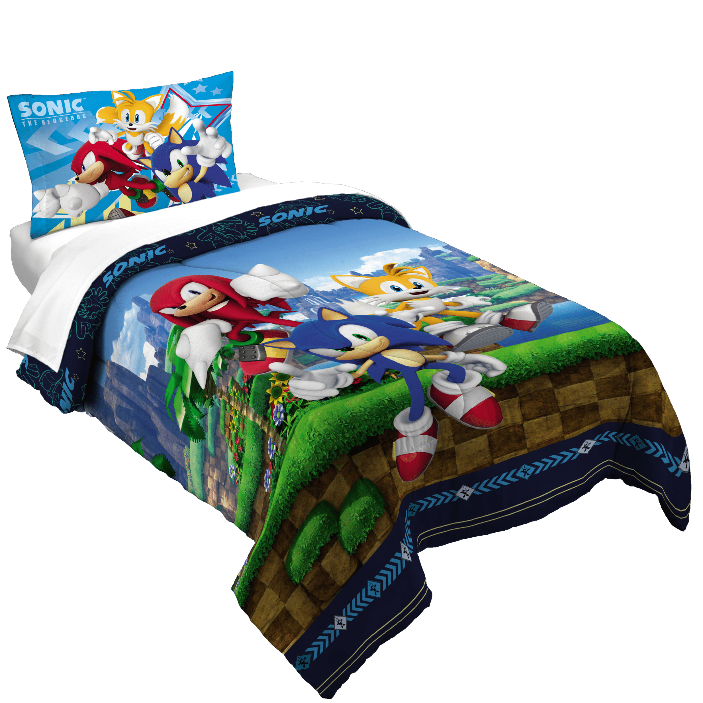 All-Season Sonic the Hedgehog Kids 2 Piece Blue Green Reversible Comforter and Pillowcase set, Twin/full - All-Season Down Alternative Comforter Insert - Default Title