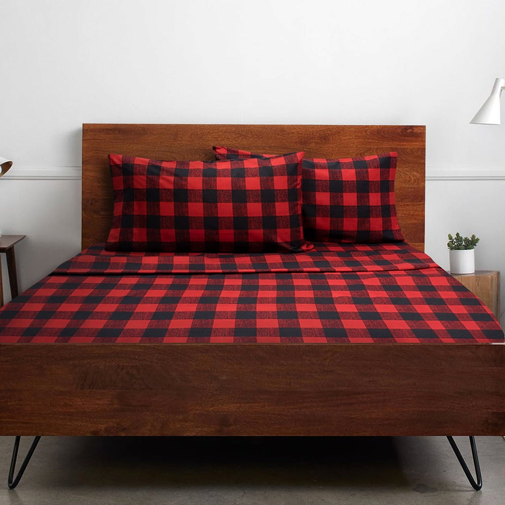 Breathable Luxury Buffalo Plaid Black and Red 4 Piece Bed Sheet Set - Twin - Premium Ultra-Soft Pillowcase Pair for Sleeping - Default Title