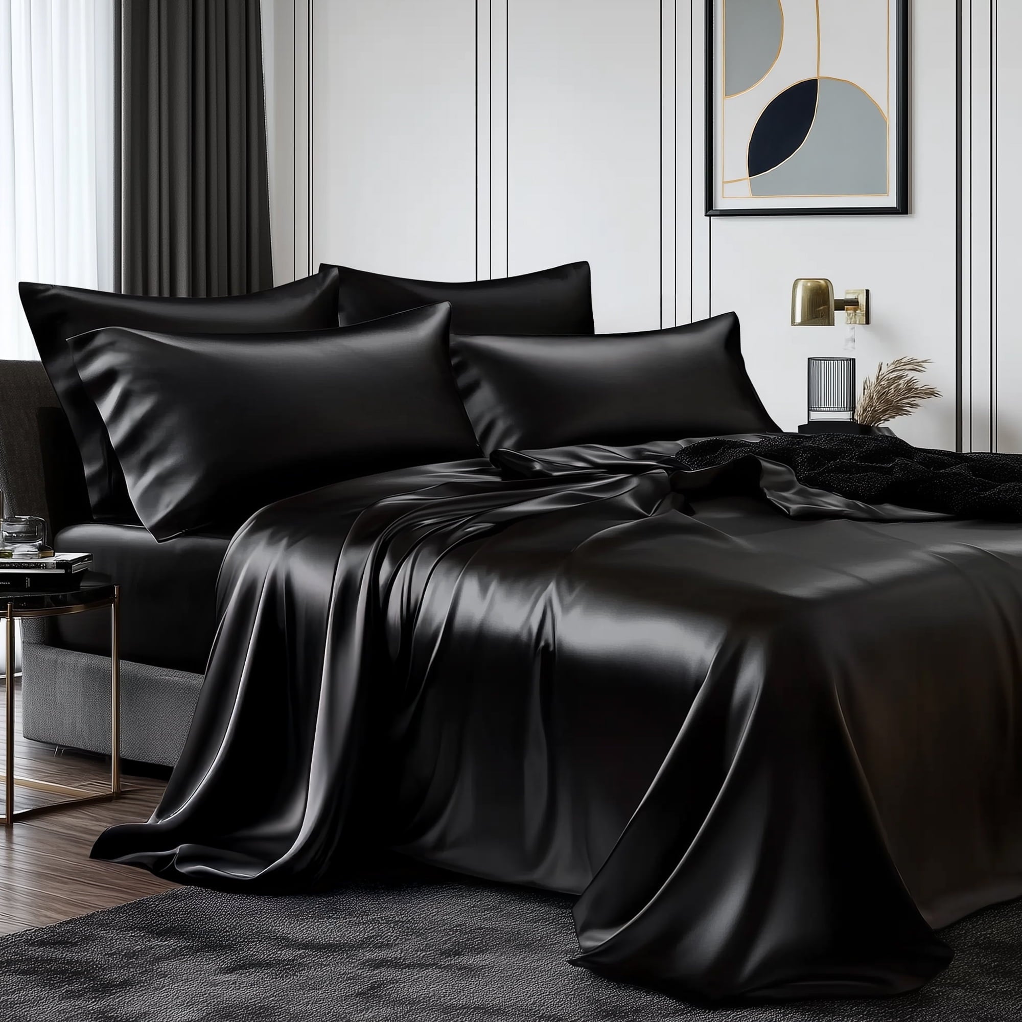 Breathable Luxury Queen Silk Black Bed Sheet Set,4 Pieces 1800 Microfiber 2 Pillowcase 20"x30" - Luxury Bed Sheet Set with Deep Pockets - Default Title
