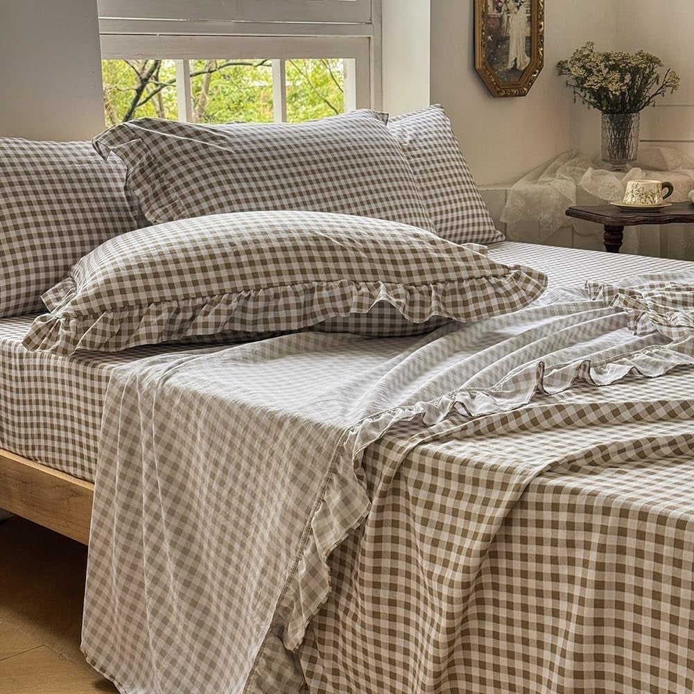 Premium Egyptian Cotton Tan Gingham Ruffle Queen Sheet Set, Taupe Soft Pre-Washed Microfiber Plaid Ruffled Queen Bed Sheets, 4-Pieces Farmhou... - Cooling Hotel Quality Bedding Sheets and Pillowcases - Default Title