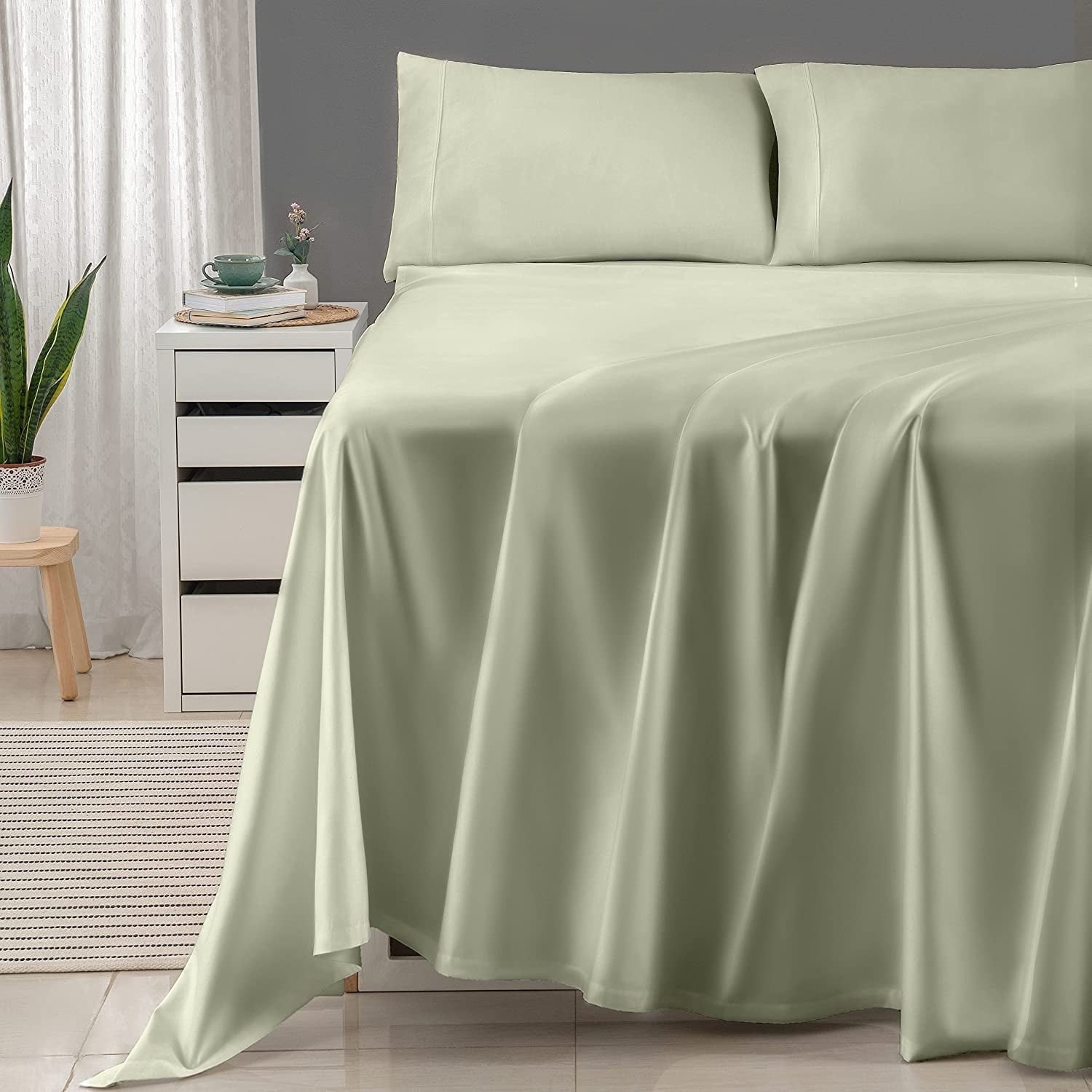 Wrinkle-Resistant 600 Thread Count 4-Piece Queen Bed Sheet Set, Sateen Weave, Sage Green - Premium Ultra-Soft Pillowcase Pair for Sleeping - Default Title