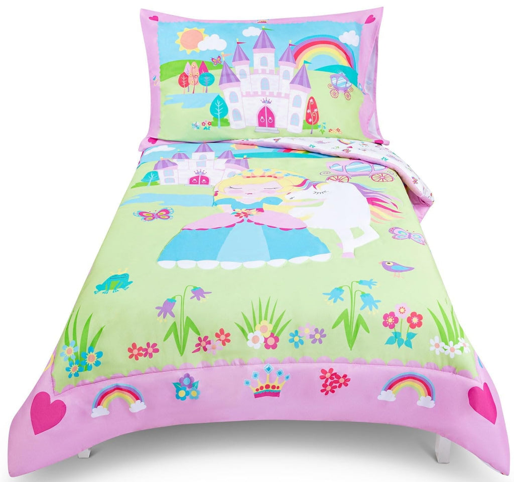 Luxurious Quilted Princess Toddler Bedding Set for Girls - 4-Piece Toddler Bed Comforter Sets for Girls, Reversible Comforter & Pillowc... - Cloud-Like Soft Lightweight Bed Comforter - Default Title