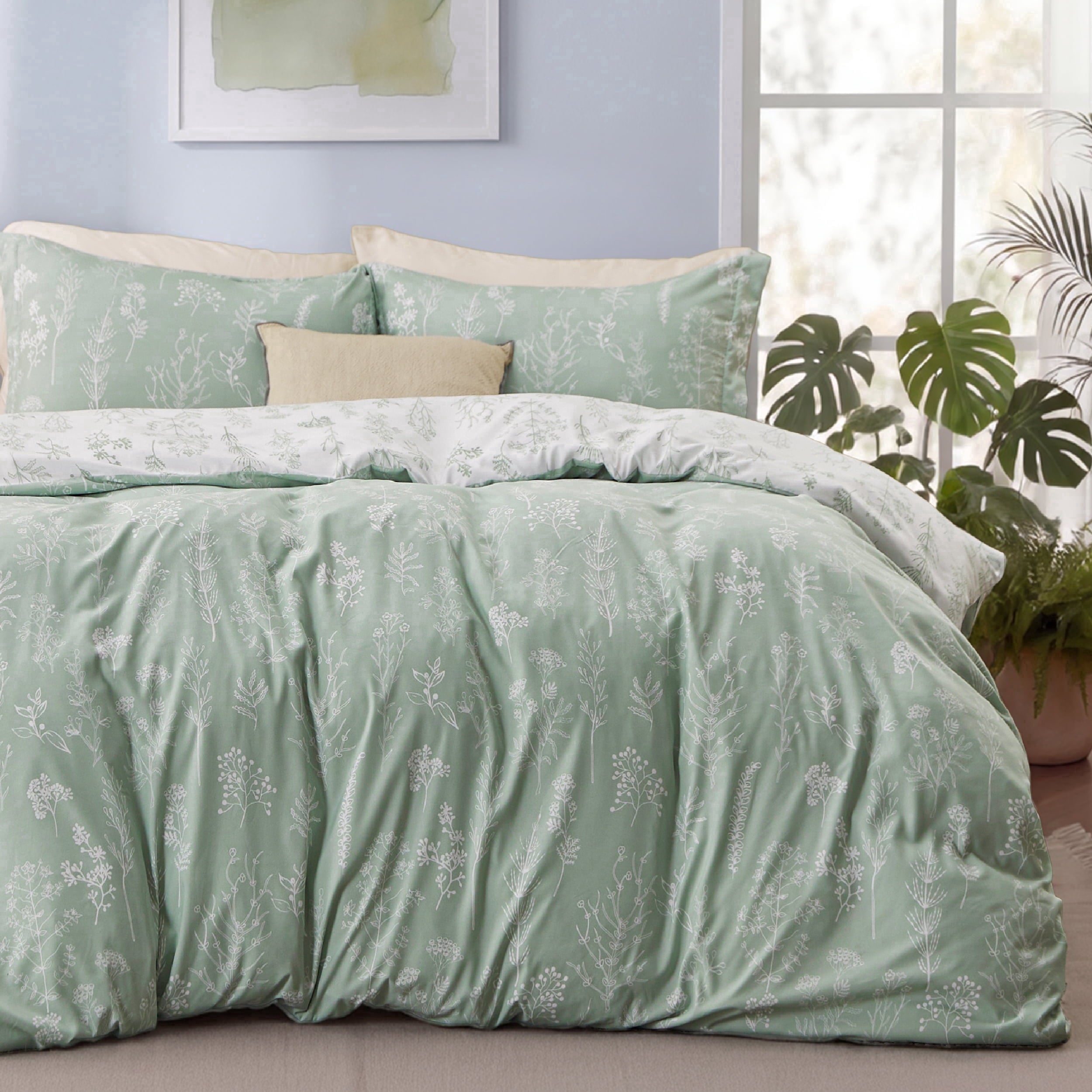 All-Season 3 Pieces Sage Green Queen Size Comforter Sets, Cute Flowers Botanical Lightweight Soft Bedding Set with 2 Pillow Shams - Luxurious Quilted Duvet Cover Set - Default Title