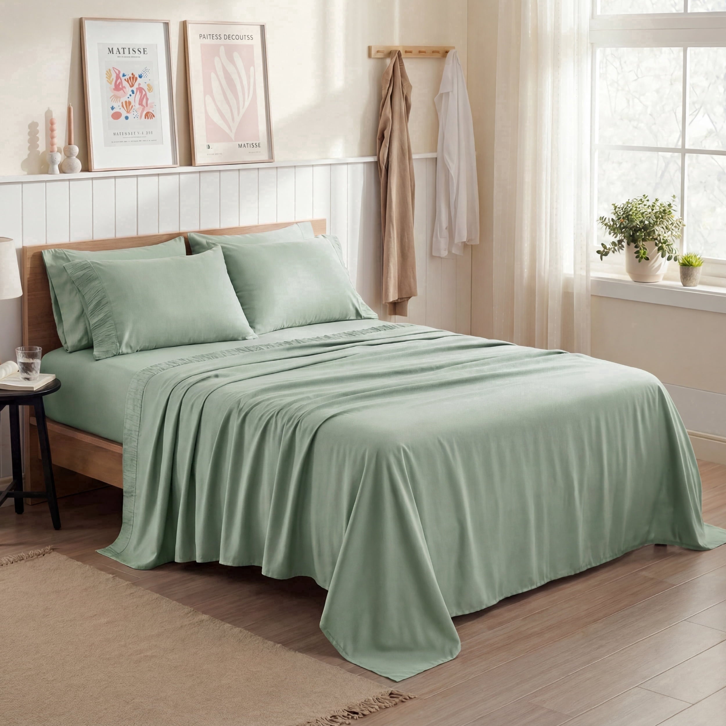 Cooling Sateen Queen Sheets Set, 4 Pieces Deep Pockets Cooling Soft Polyester Microfiber Bed Sheets Set, Sea Foam Green - Luxury Bed Sheet Set with Deep Pockets - Default Title
