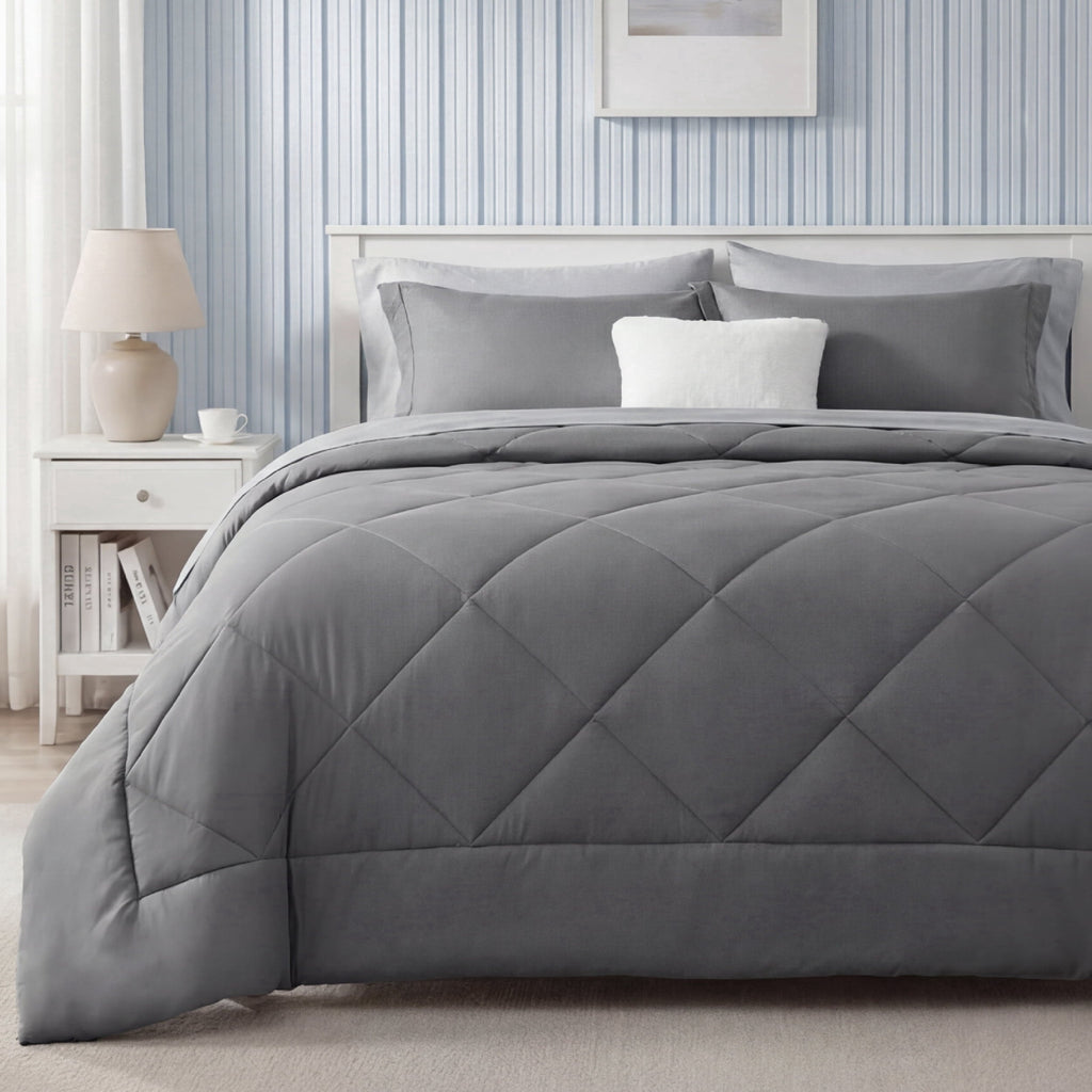 Hypoallergenic Cloud Queen Reversible Comforter Set - 7 Pieces Grey Bedding, Bed in a Bag with Alternative Comforter, Sheets, Pillowcases ... - Hypoallergenic Ultra-Fluffy Quilt for Winter - Default Title