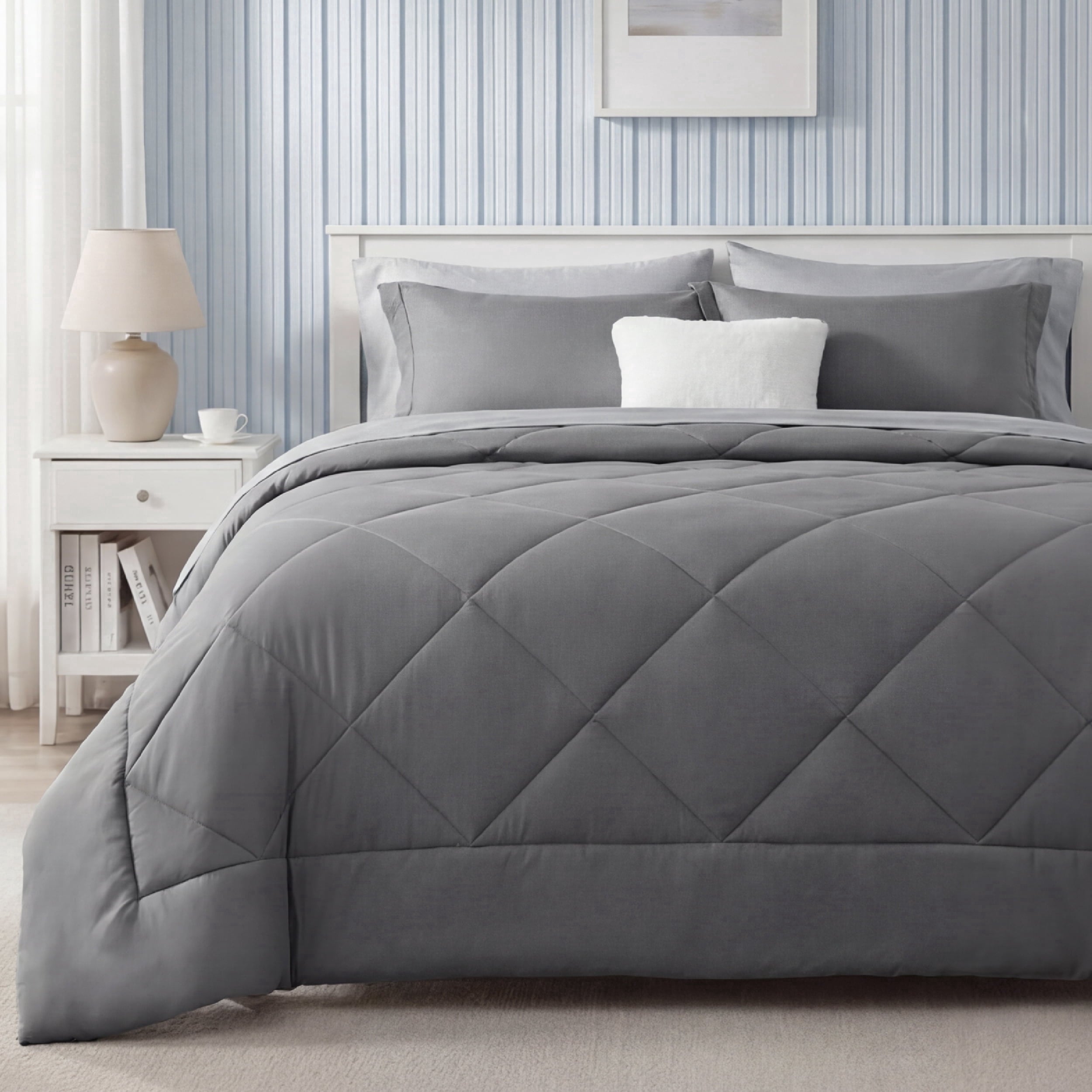 Hypoallergenic Cloud Queen Reversible Comforter Set - 7 Pieces Grey Bedding, Bed in a Bag with Alternative Comforter, Sheets, Pillowcases ... - Hypoallergenic Ultra-Fluffy Quilt for Winter - Default Title
