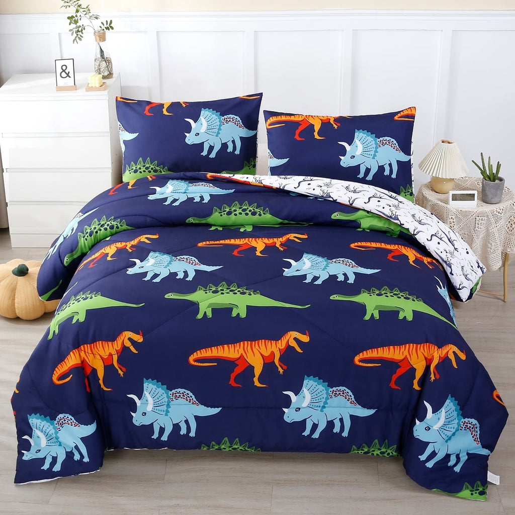 Hypoallergenic Cloud 3 Pcs Dinosaur Twin Size Bedding Sets for Boys, Dinosaur Printing Boys Comforter Set, Blue and White Reversible Bed C... - All-Season Down Alternative Comforter Insert - Default Title