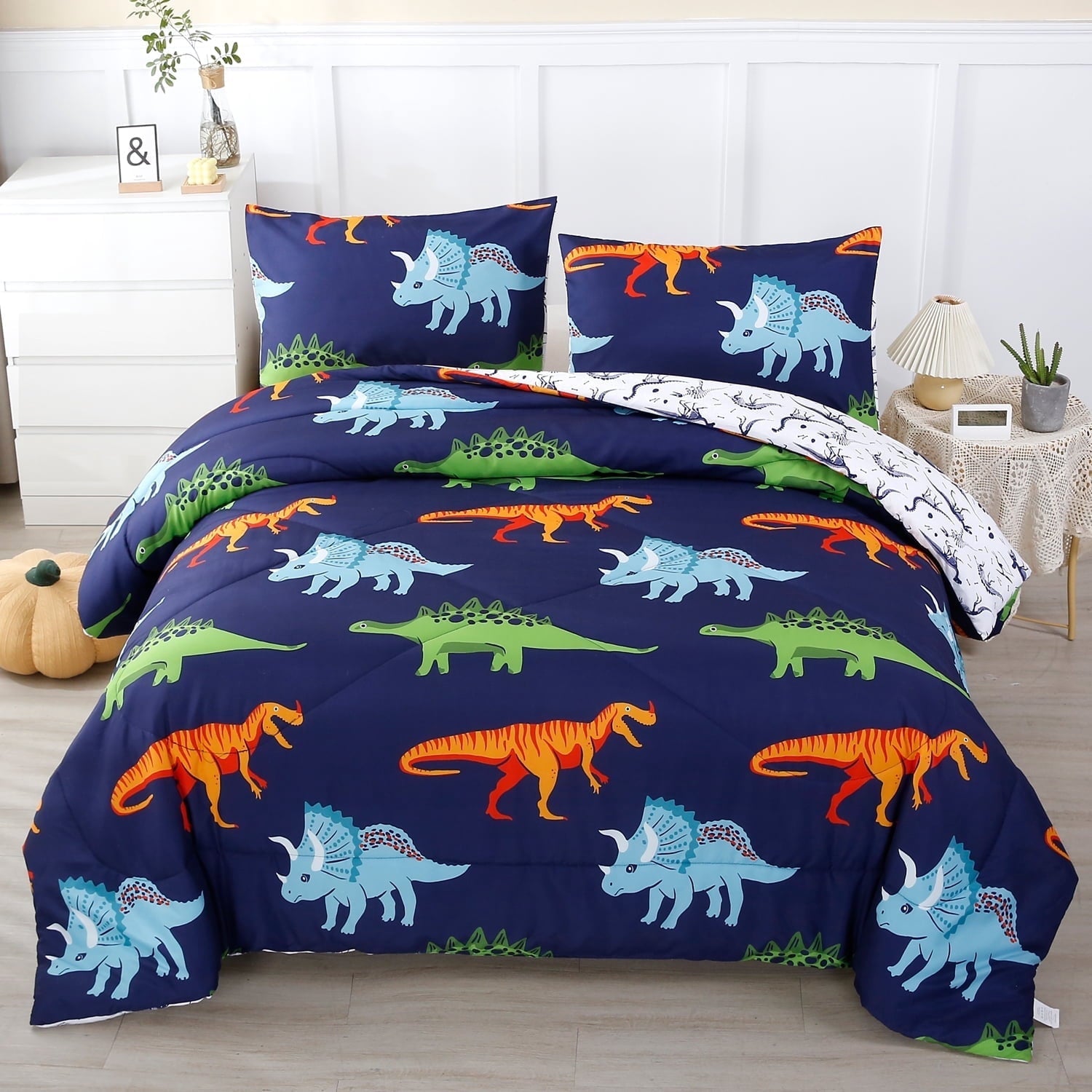 Hypoallergenic Cloud 3 Pcs Dinosaur Twin Size Bedding Sets for Boys, Dinosaur Printing Boys Comforter Set, Blue and White Reversible Bed C... - All-Season Down Alternative Comforter Insert - Default Title