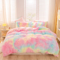 Luxurious Quilted 3Pcs Pink Faux Fur Twin Comforter Set for Girls Tie Dye Rainbow Kid Bed Set Plush Shaggy Bedding Sets Fuzzy Bed Comfo... - All-Season Down Alternative Comforter Insert - Default Title