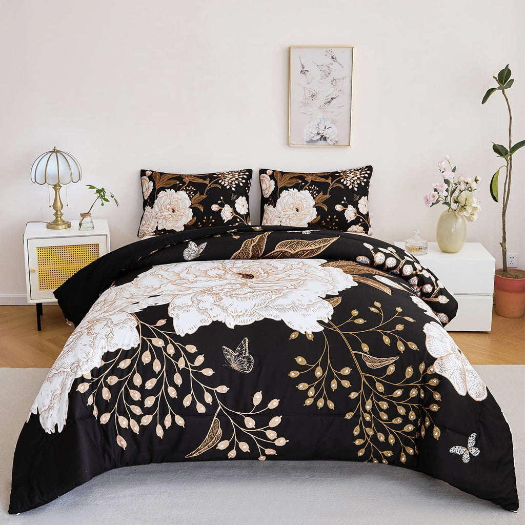 Heavyweight Warmth Black Floral Comforter Set Queen, Printed Comforter White Flowers Butterfly Bedding Set, 3 Pieces Botanical Reversibl... - Luxurious Quilted Duvet Cover Set - Default Title