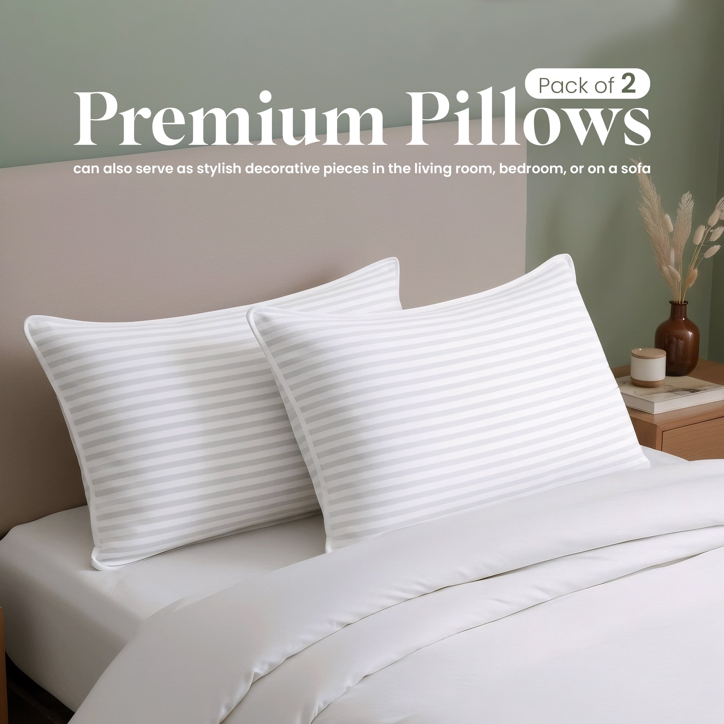 Decorative Plump Bed Pillow with White Stripes - Set of 2 - Ultra Cozy & Relaxing For Adults, (Queen, 28"L x 20" W) - Orthopedic Shredded Foam Bed Pillow Set - Default Title