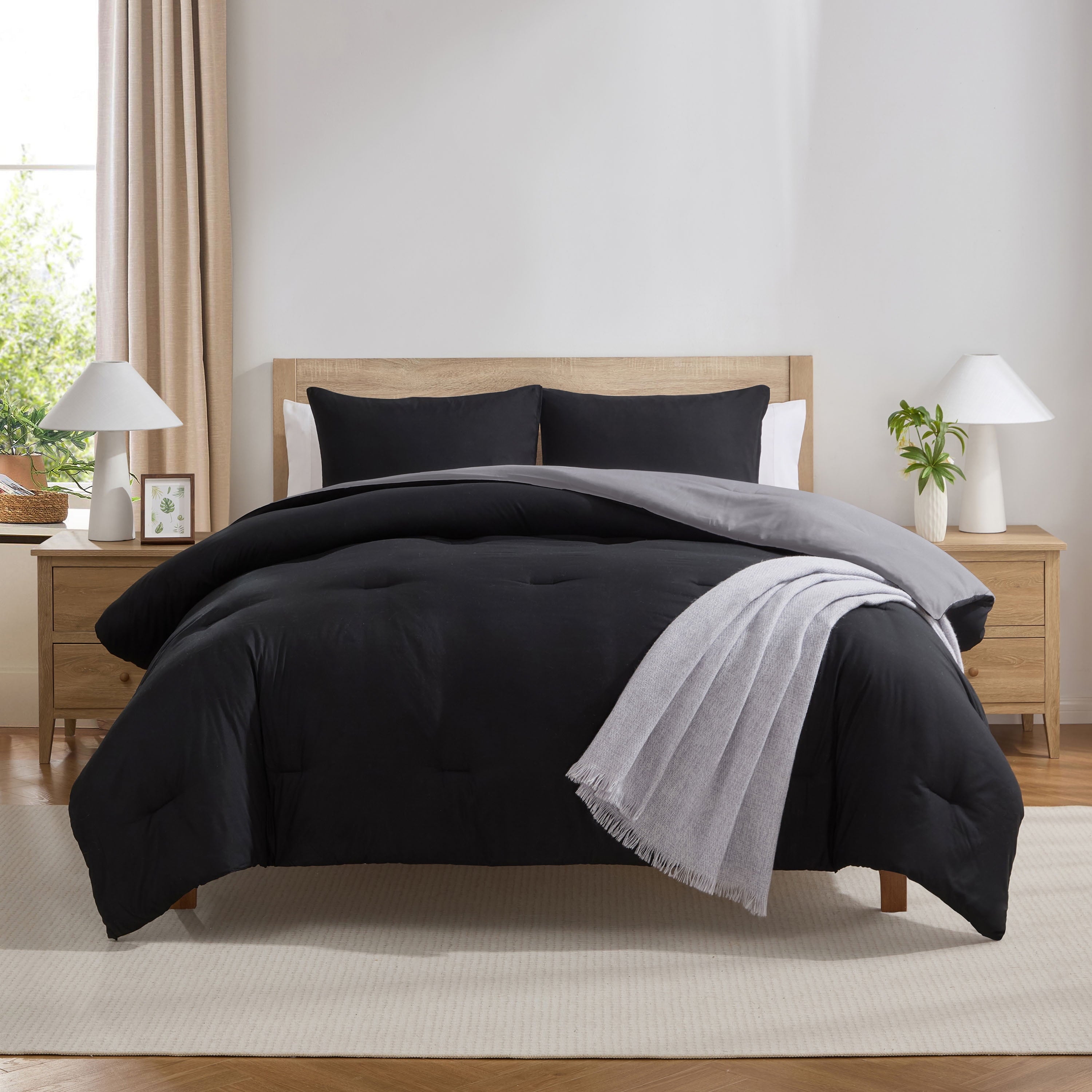Luxurious Quilted Comforter Sets, All Season Lightweight Reversible Queen Comforter Set, 3-Pc Bedding Sets, Black/Charcoal gray - Hypoallergenic Ultra-Fluffy Quilt for Winter - Default Title
