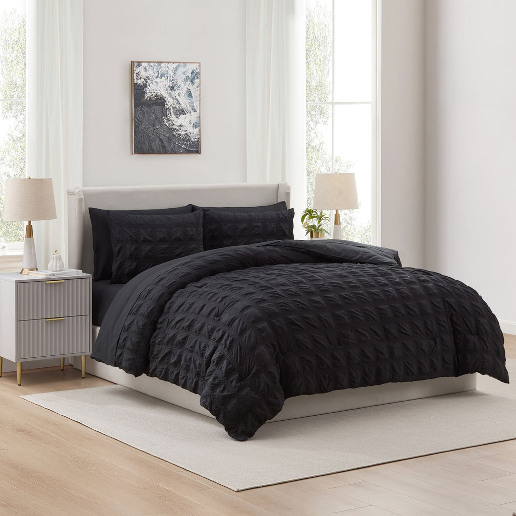 Hypoallergenic Cloud Queen Comforter Set, Seersucker Queen Size Comforter Set, 7-Pc All Season Bedding Comforter Set, Black - All-Season Down Alternative Comforter Insert - Default Title