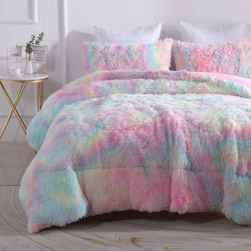 Heavyweight Warmth Plush Shaggy Comforter Set Fluffy Fuzzy Faux Fur Bedding Set - Microfiber Soft Warm Quilt Set(Rainbow Pink,Queen Size) - All-Season Down Alternative Comforter Insert - Default Title