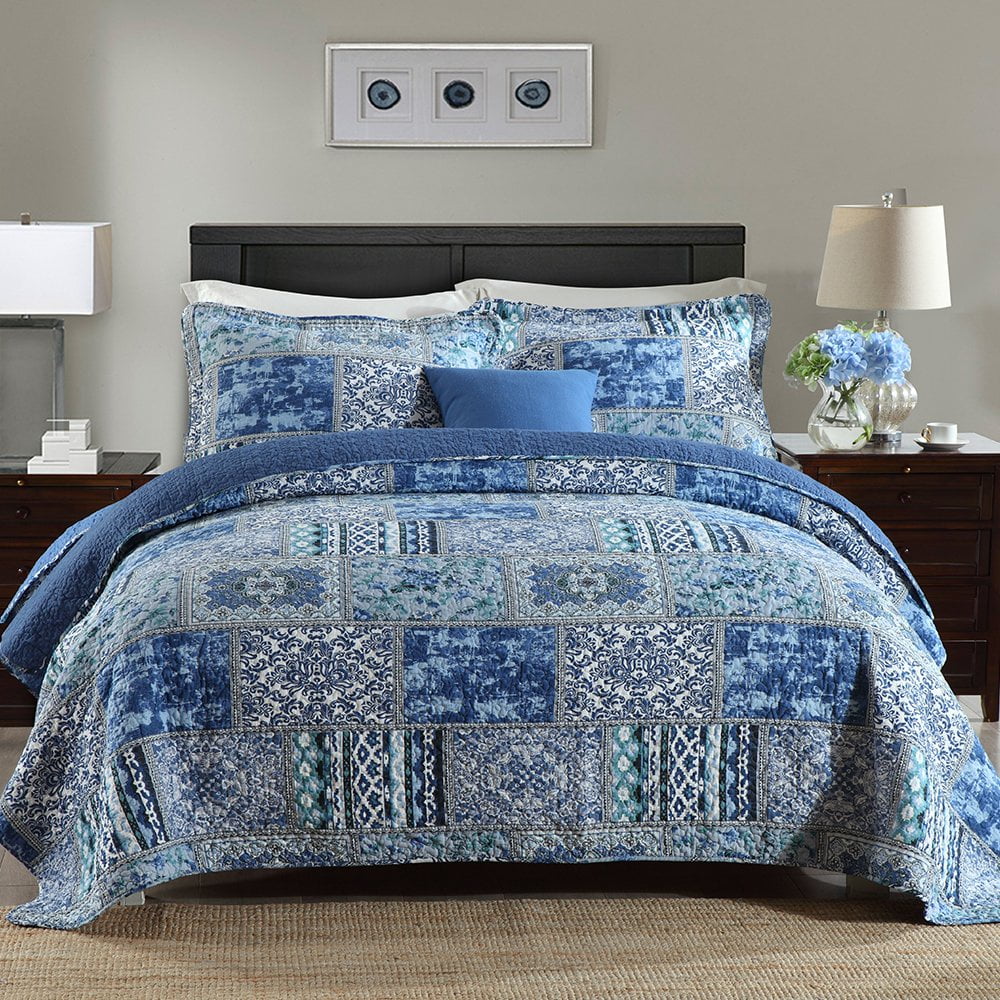 All-Season Quilt Comforter Cotton Bedding Set With Shams, Vintage Blue, King - Luxurious Quilted Duvet Cover Set - Default Title