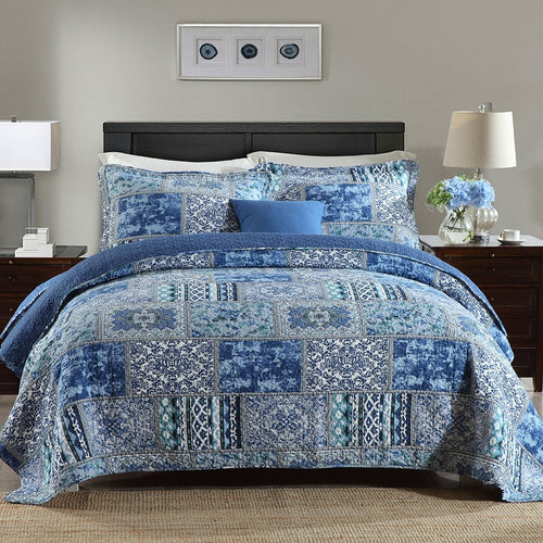 All-Season Quilt Comforter Cotton Bedding Set With Shams, Vintage Blue, King - Luxurious Quilted Duvet Cover Set - Default Title