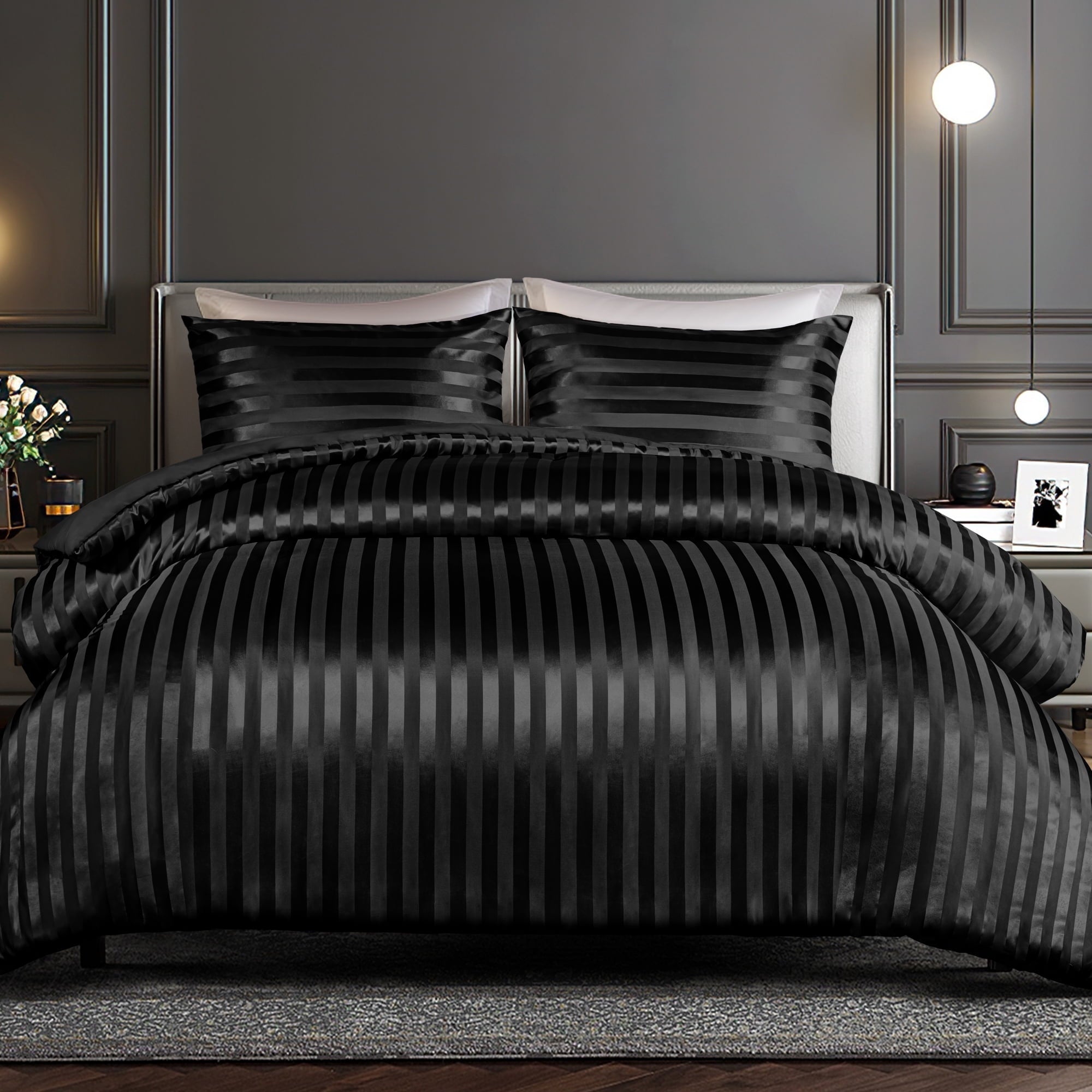 Heavyweight Warmth 3-Piece Reversible Silky Soft King Size Comforter Set, Luxury Stripe Satin Oversized Comforter Bedding Set with 2 Sat... - Luxurious Quilted Duvet Cover Set - Default Title