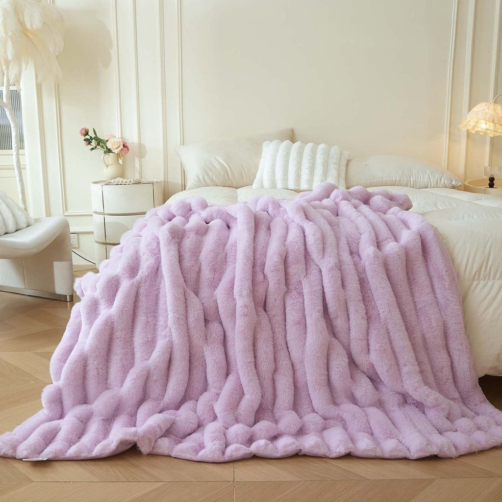Reversible Sherpa Fluffy Faux Rabbit Fur Throw, Cozy Wide Stripe Plush Fuzzy Blanket for Bed Couch Sofa Chair, Light Purple Shaggy Thro... - Lightweight Plush Warm Blanket for All Seasons - Default Title