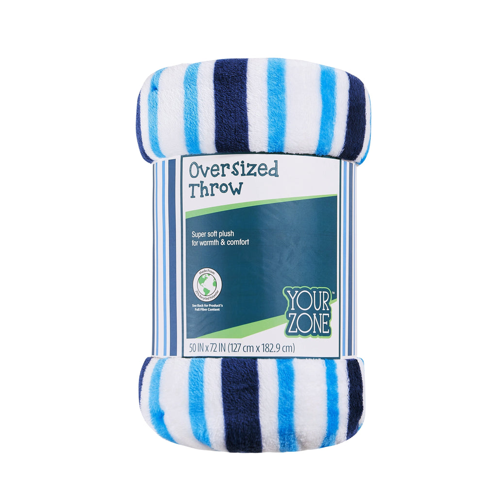 Reversible Sherpa Blue Stripes XL Oversized Throw Blanket, 72 x 50 inches, Great for a Kids Bedroom, Super Soft and Cozy - Luxury Knitted Decorative Throw Blanket with Fringes - Default Title