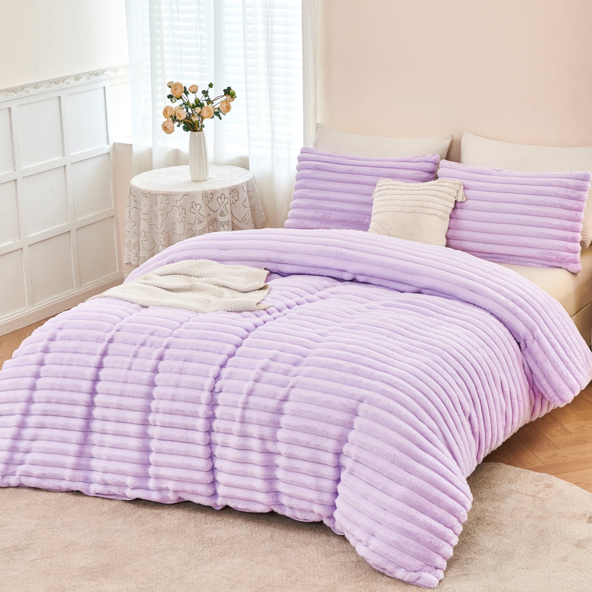 All-Season Fleece Twin Comforter Set, Light Purple Super Soft Furry Plush Bedding, Luxury Fluffy Fuzzy Heavy Bed Set for Winter ... - All-Season Down Alternative Comforter Insert - Default Title