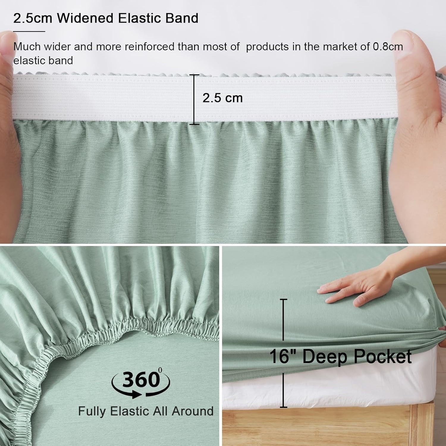 Wrinkle-Resistant Bamboo Bed Sheet Sets, 4 Pieces King Silky Soft Bedding Sheets, 1800 Thread Count 16 Inch Deep Pockets, Sage Green - Cooling Hotel Quality Bedding Sheets and Pillowcases Detail