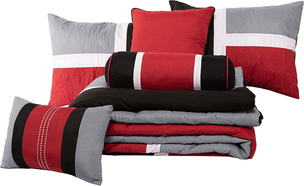 Luxurious Quilted 7-Piece Medallion Patchwork Comforter Set, Full, Red/Gray/Black - Hypoallergenic Ultra-Fluffy Quilt for Winter Detail