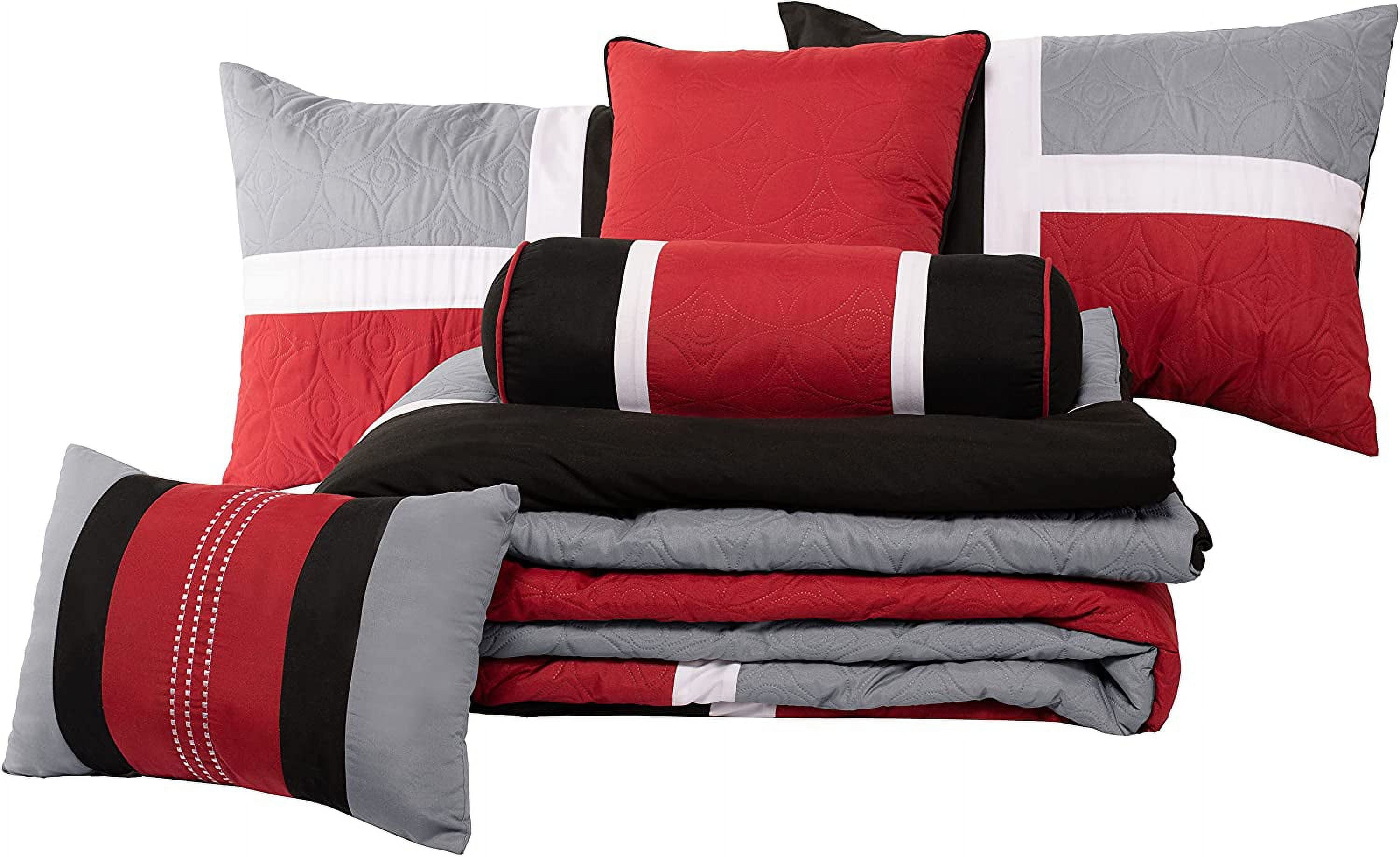 Luxurious Quilted 7-Piece Medallion Patchwork Comforter Set, Full, Red/Gray/Black - Hypoallergenic Ultra-Fluffy Quilt for Winter Detail