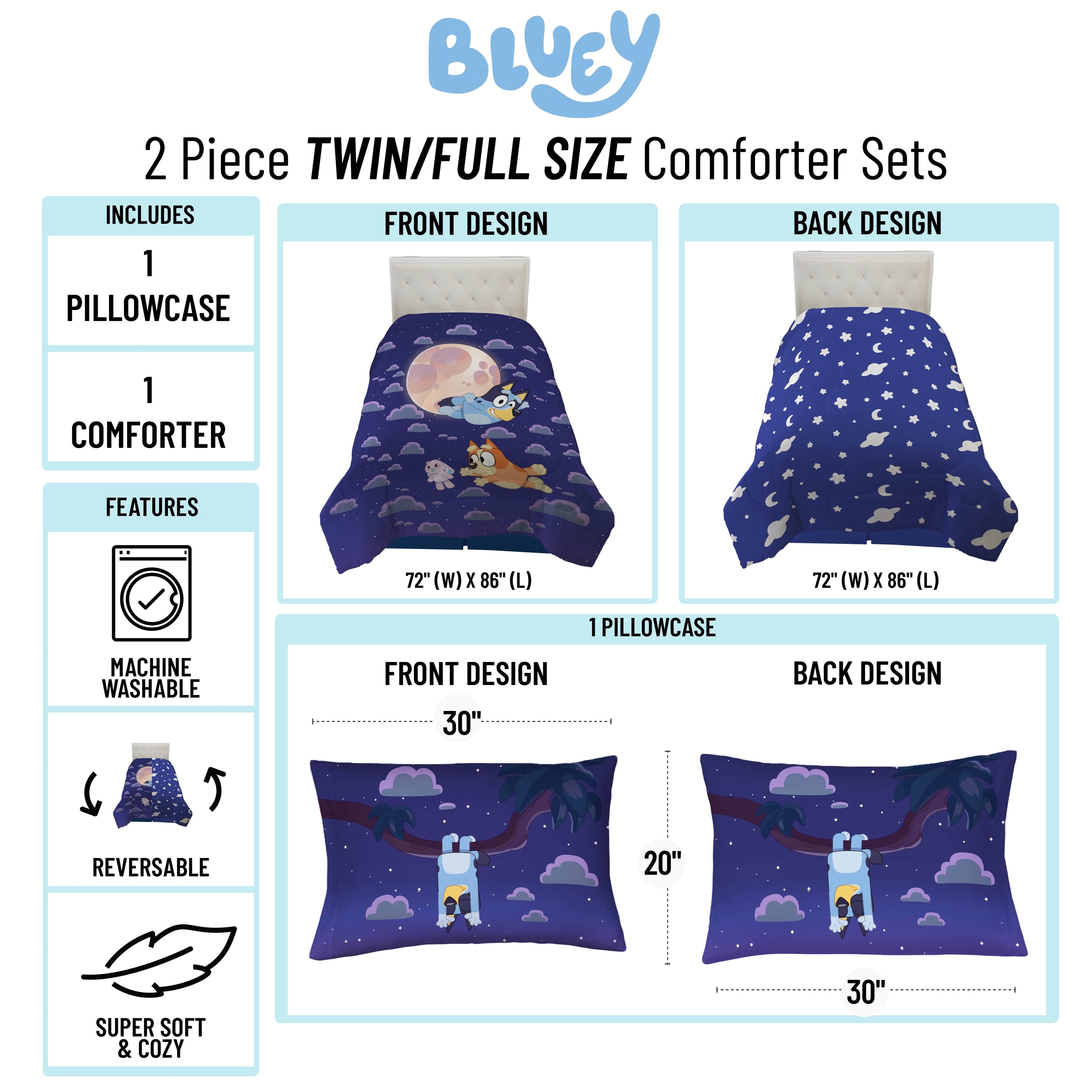 All-Season Dream Kids 2 Piece Blue Reversible Comforter and Pillowcase Bedding Set, Twin/Full - Cloud-Like Soft Lightweight Bed Comforter Detail