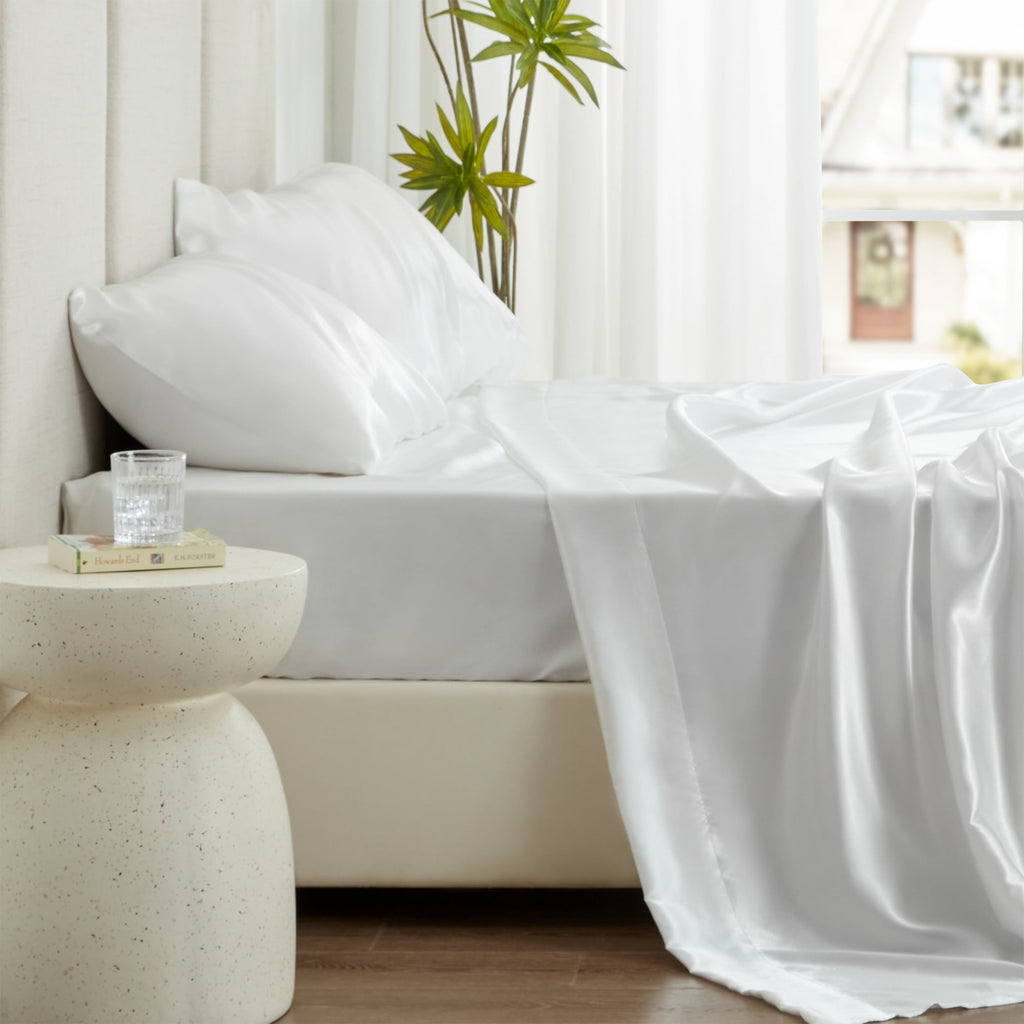 Wrinkle-Resistant Satin Sheets Full Sheet Set Deep Pocket Luxury Silky Bed Sheets for Hair and Skin 4 Pieces, White - Premium Ultra-Soft Pillowcase Pair for Sleeping Detail
