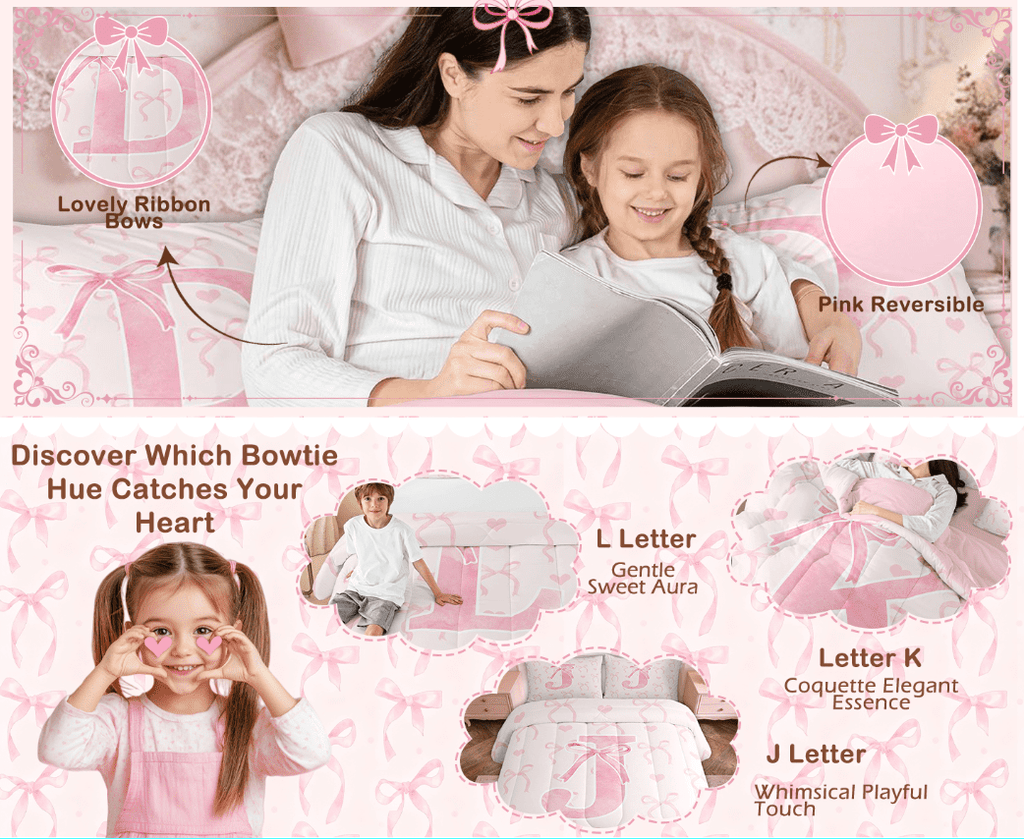 All-Season Kawaii Bowknot Bedding Sets Full with Comforter, Initial H Duvet Insert, Romantic Initial A-Z Decor, Reversible - All-Season Down Alternative Comforter Insert Detail