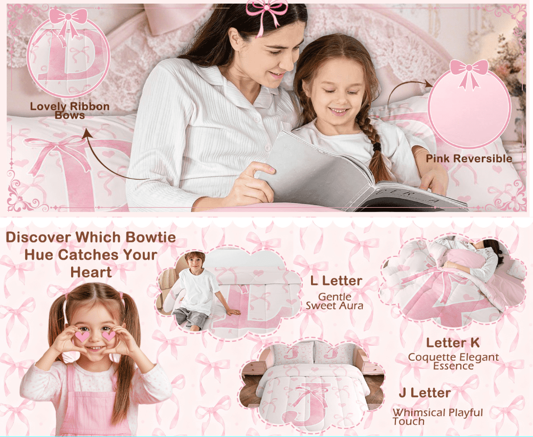 All-Season Kawaii Bowknot Bedding Sets Full with Comforter, Initial H Duvet Insert, Romantic Initial A-Z Decor, Reversible - All-Season Down Alternative Comforter Insert Detail