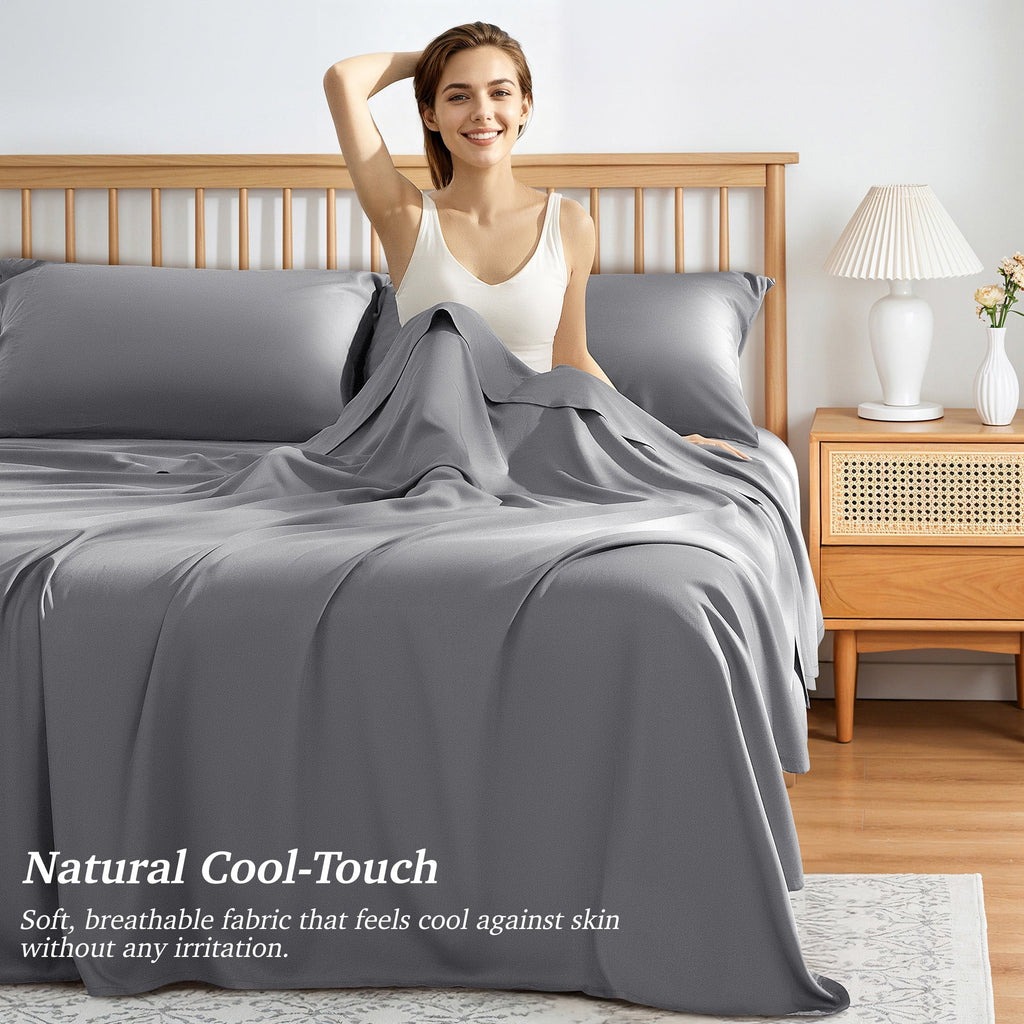 Wrinkle-Resistant Bamboo Queen Sheet Set, Luxury Soft 4 Pieces Bed Sheets with 18" Deep Pocket, Gray - Cooling Hotel Quality Bedding Sheets and Pillowcases Detail