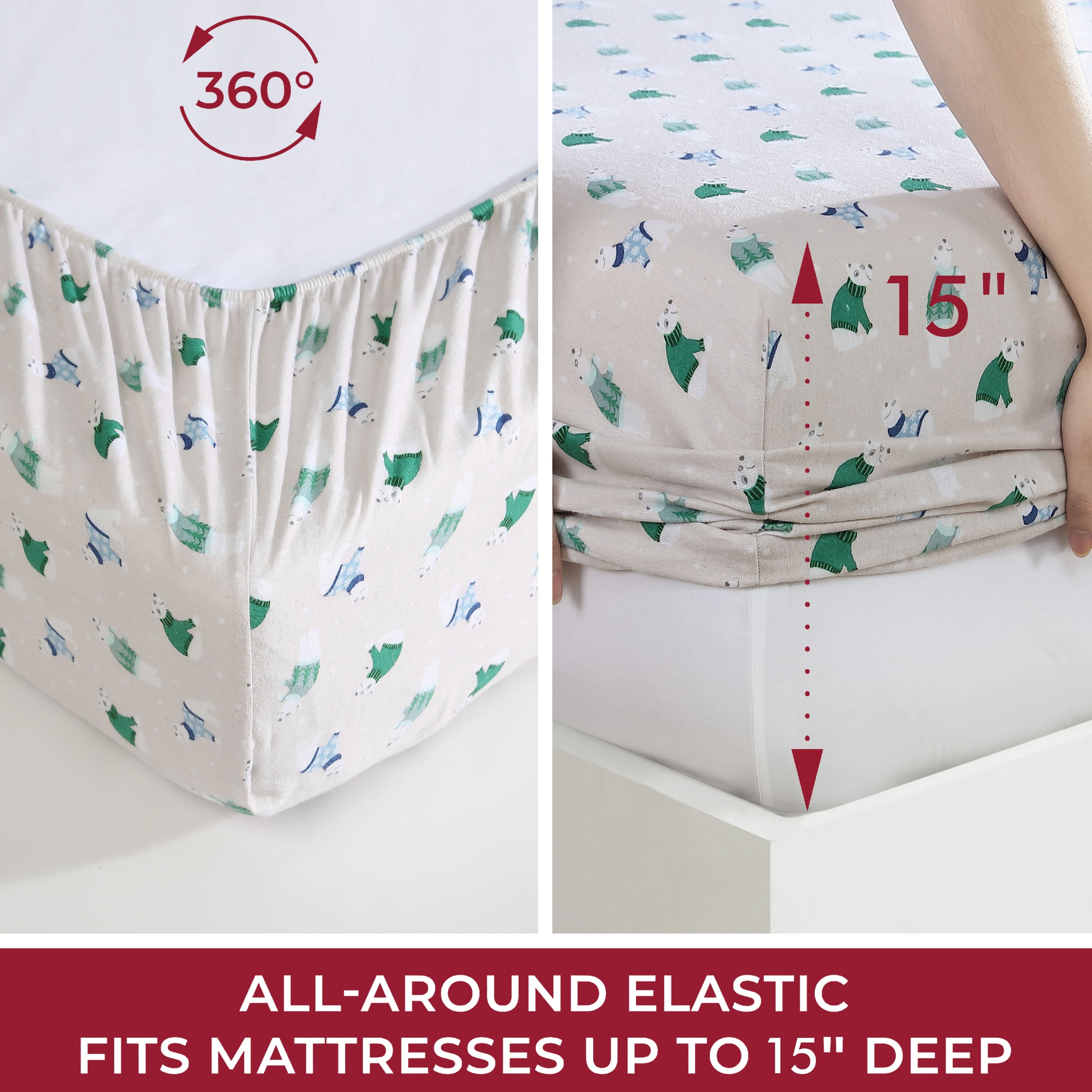 Cooling Sateen Winter Nights Cotton Flannel Sheet Set, King, Holiday Bears - Cooling Hotel Quality Bedding Sheets and Pillowcases Detail
