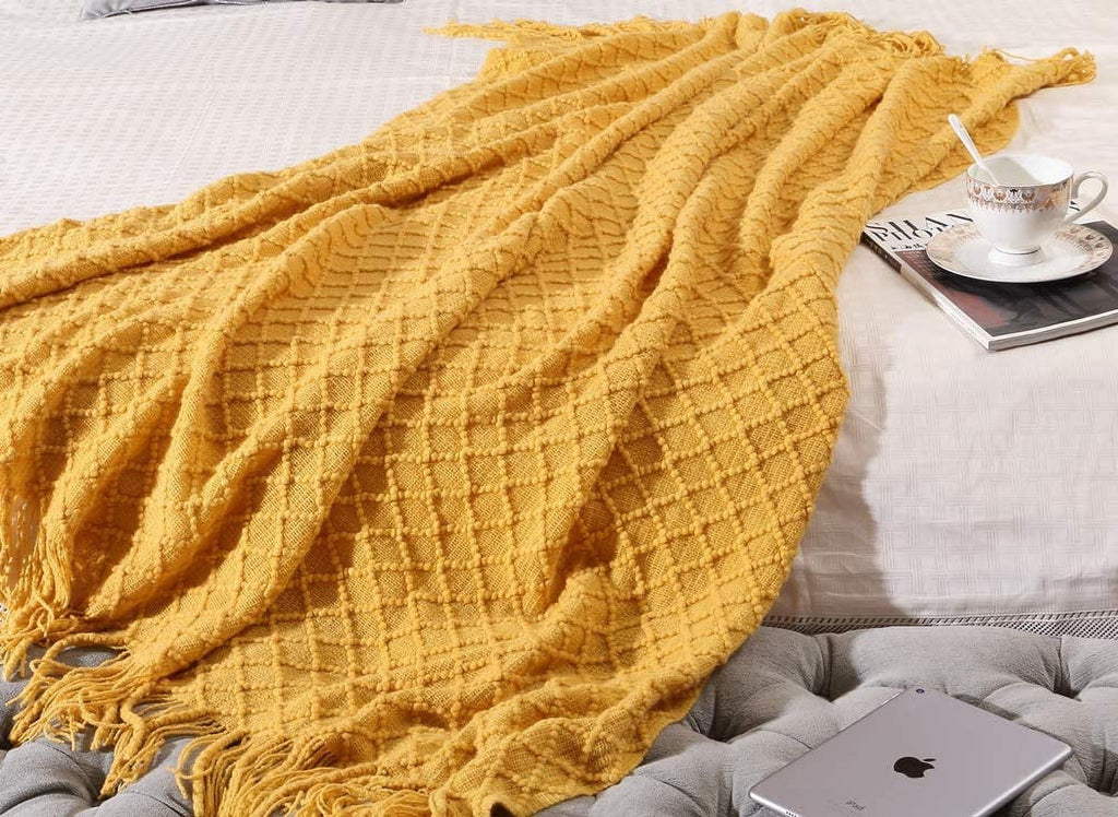 Super Soft Flannel Decorative Soft Spring Summer Fall Throw Blanket ,for Couch Sofa Chair Bed,50''X60'',Mustard Yellow - Super Soft Reversible Sherpa Flannel Blanket Detail