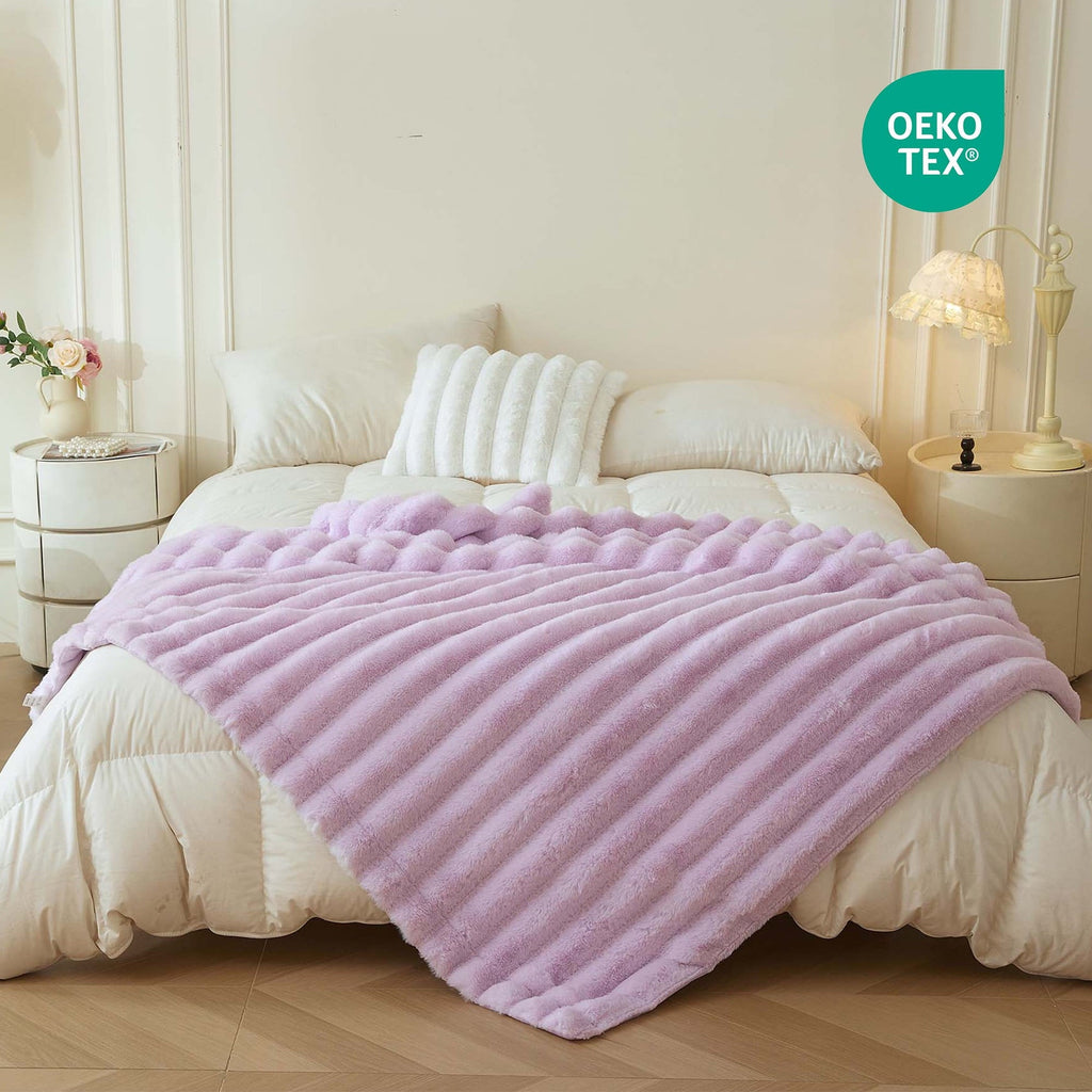 Reversible Sherpa Fluffy Faux Rabbit Fur Throw, Cozy Wide Stripe Plush Fuzzy Blanket for Bed Couch Sofa Chair, Light Purple Shaggy Thro... - Lightweight Plush Warm Blanket for All Seasons Detail