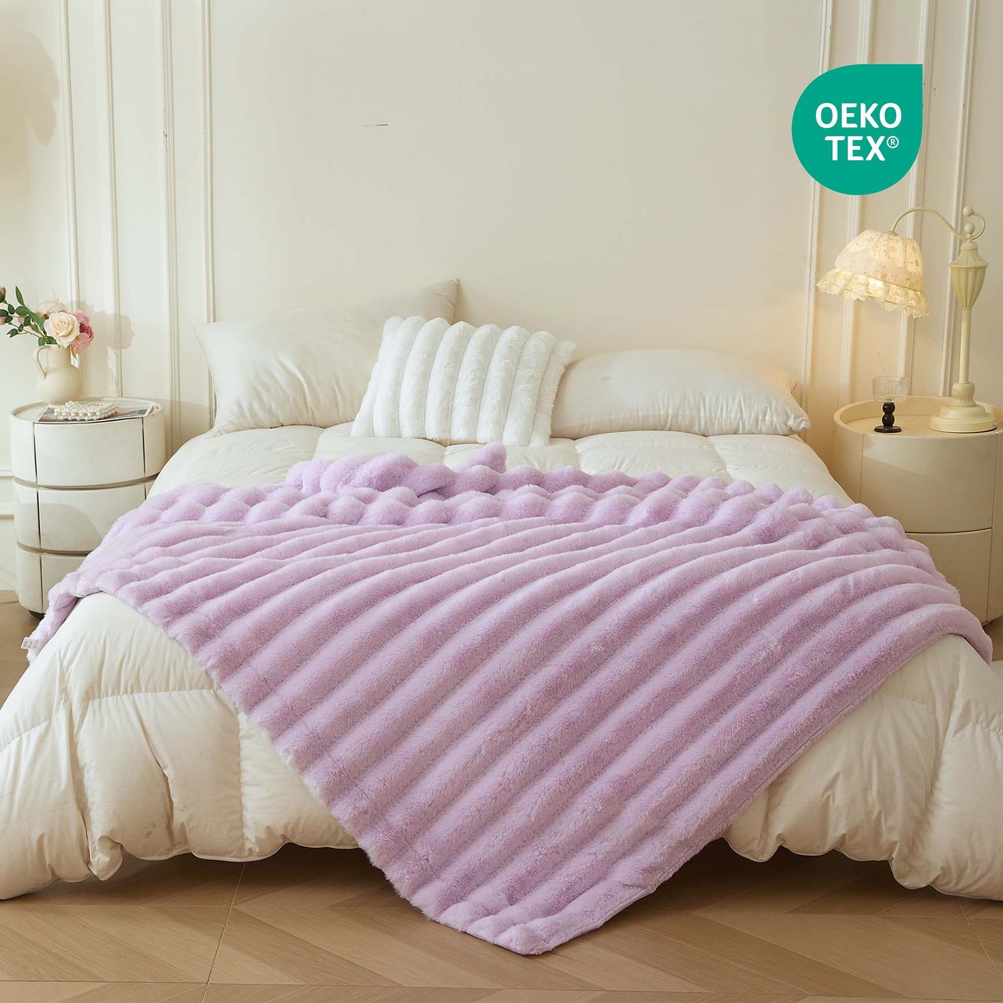 Reversible Sherpa Fluffy Faux Rabbit Fur Throw, Cozy Wide Stripe Plush Fuzzy Blanket for Bed Couch Sofa Chair, Light Purple Shaggy Thro... - Lightweight Plush Warm Blanket for All Seasons Detail