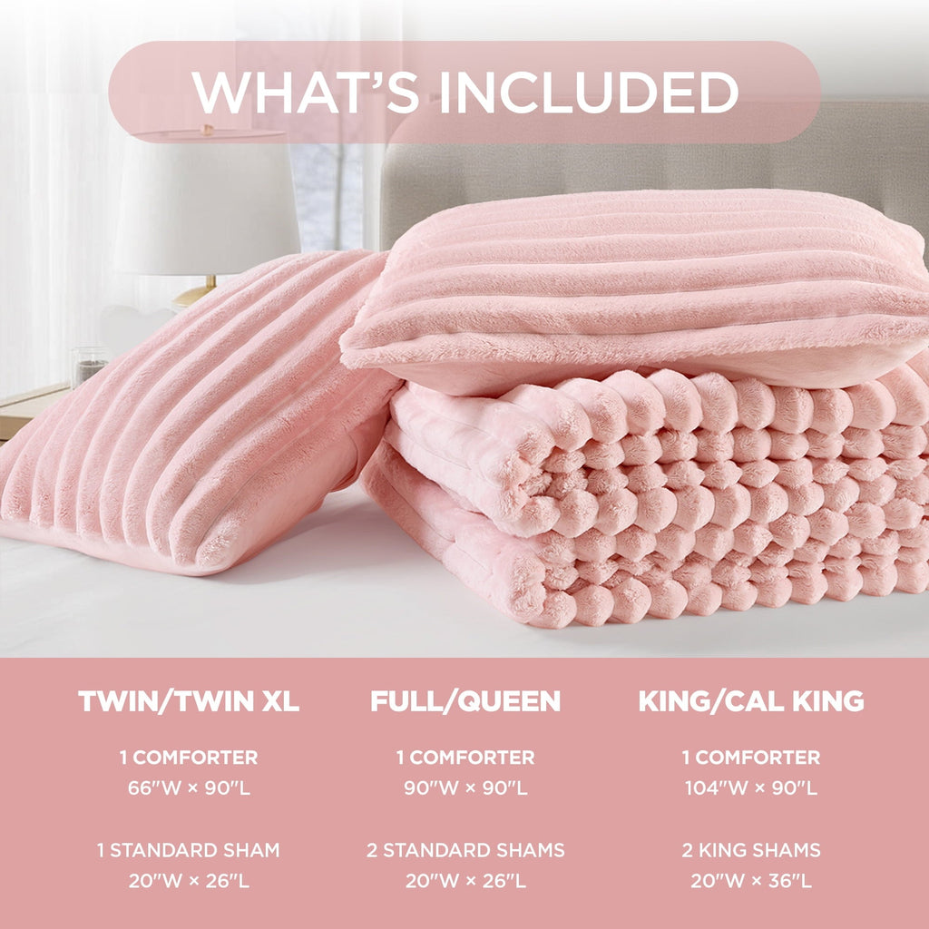 Hypoallergenic Cloud Full/Queen Size Comforter Set, Fluffy Ribbed Plush Comforter Set, 3-Piece Bedding Set, Pink - Hypoallergenic Ultra-Fluffy Quilt for Winter Detail