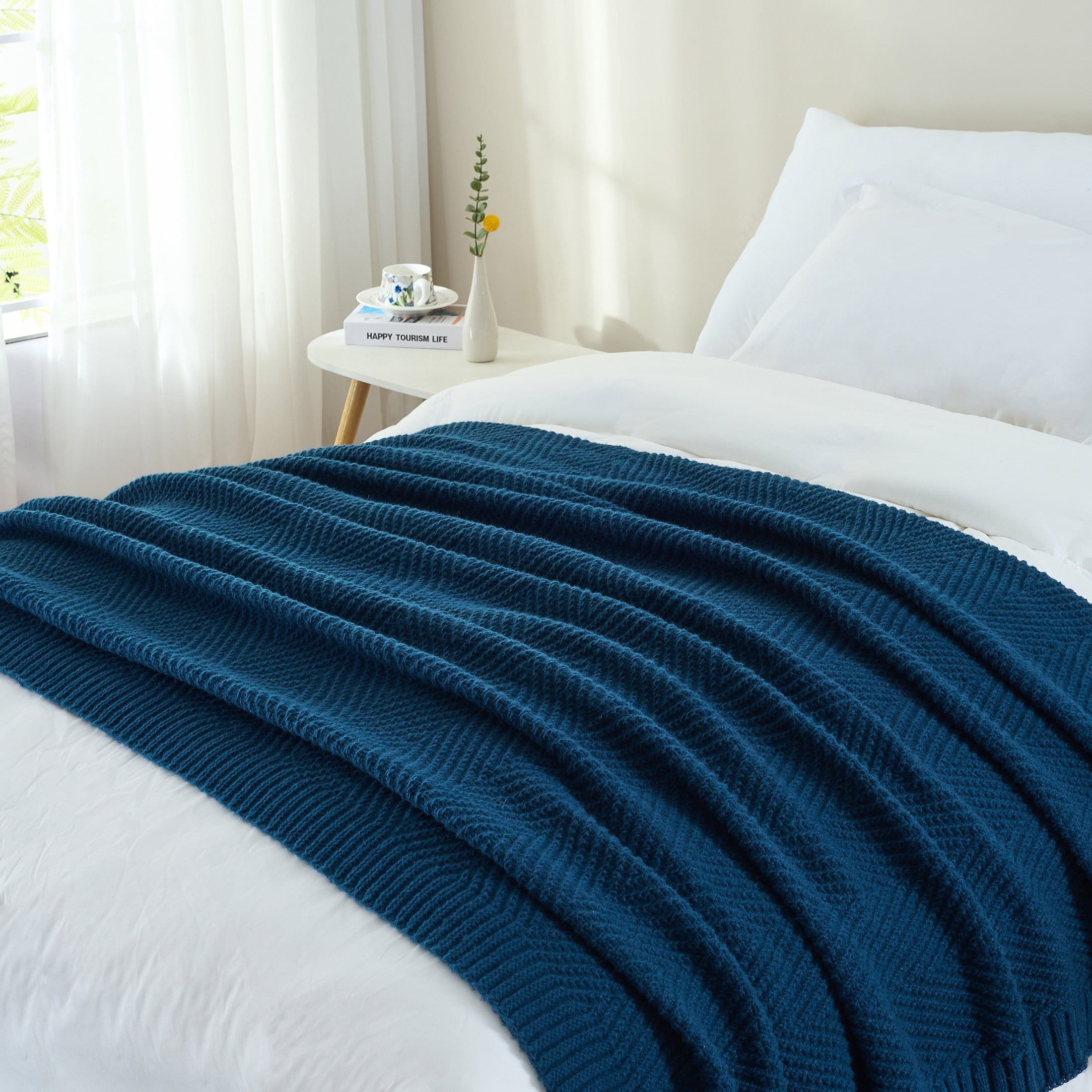 Decorative Knitted Soft Knitted Throw Blanket 50" x 60" Navy Blue, Boho Chevron Farmhouse Throw for Bed Couch - Luxury Knitted Decorative Throw Blanket with Fringes Detail